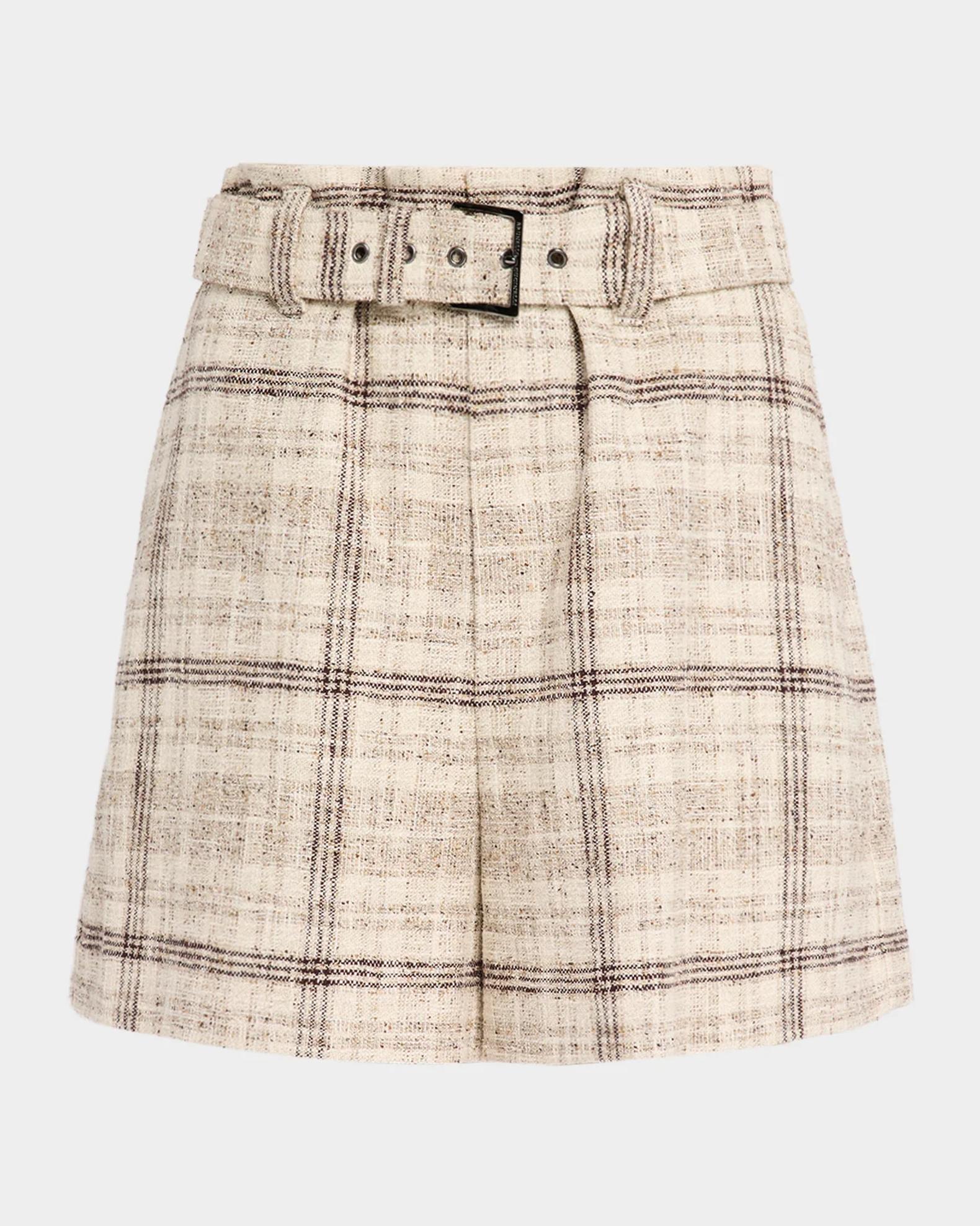 Brunello Cucinelli Cotton-Silk Check Tweed Belted Paperbag Shorts