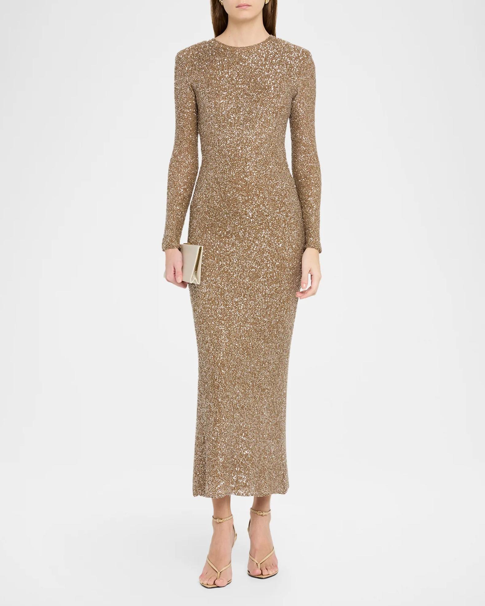 glitter long sleeve midi dress Saint Laurent Maille Sequin Knit Long-Sleeve VOLUME TULLE BALL GOWN