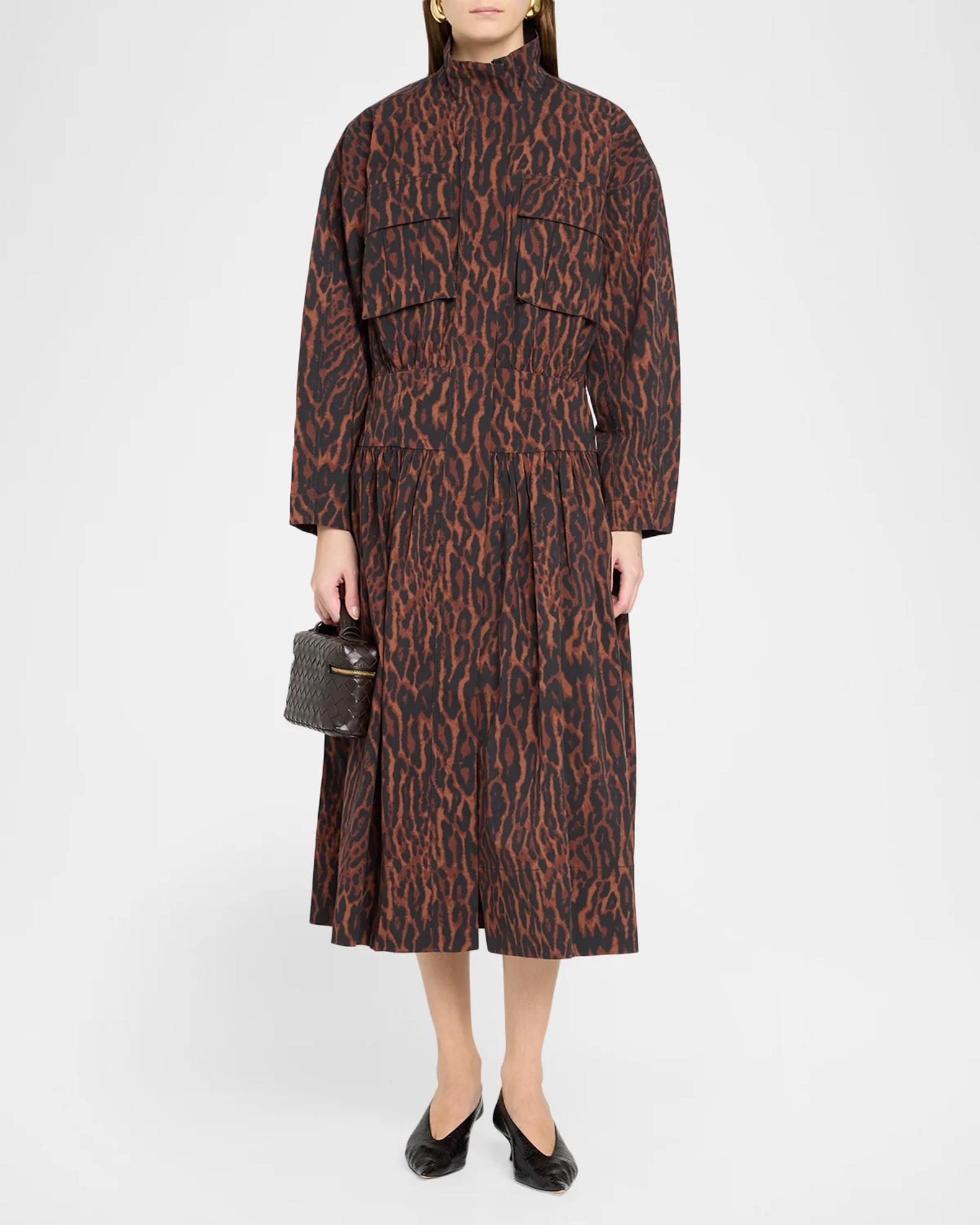 Ganni Printed Stretch Cotton-Blend Utility Midi Dress | Neiman Marcus