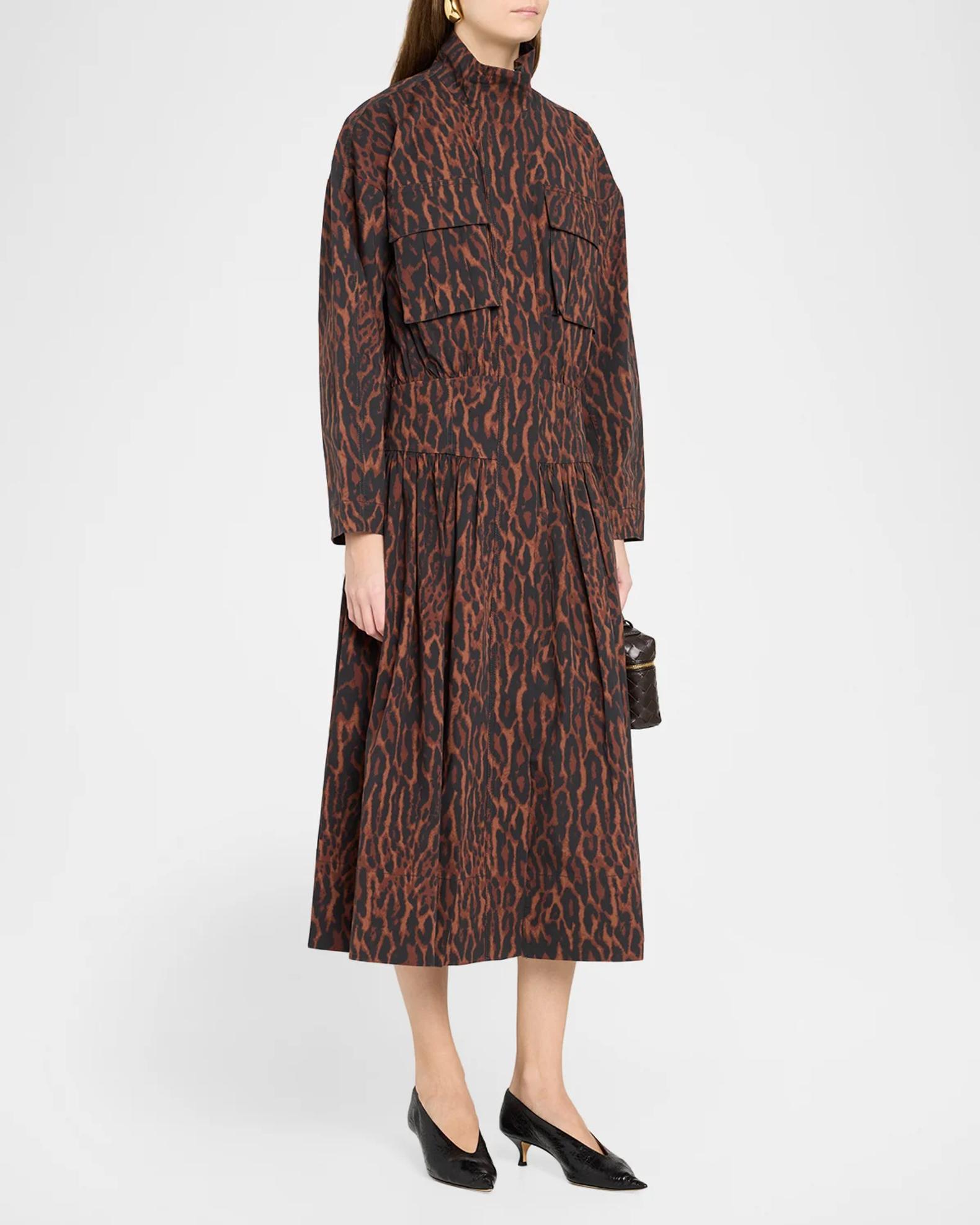 Ganni Printed Stretch Cotton-Blend Utility Midi Dress | Neiman Marcus
