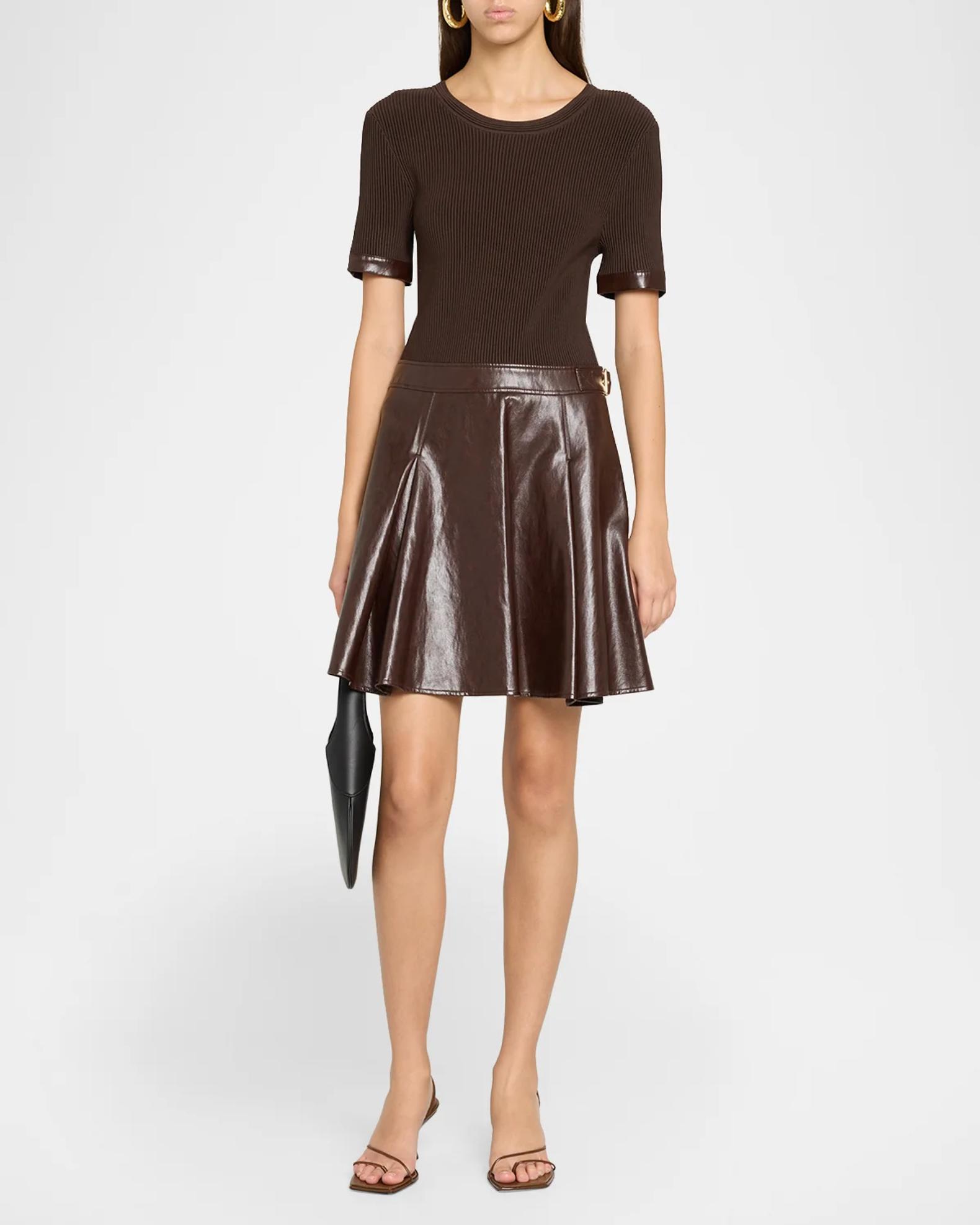mixed media leather dress Milly Devyn Rib-Knit Mixed-Media A-Line Mini LowStock:43593933160499