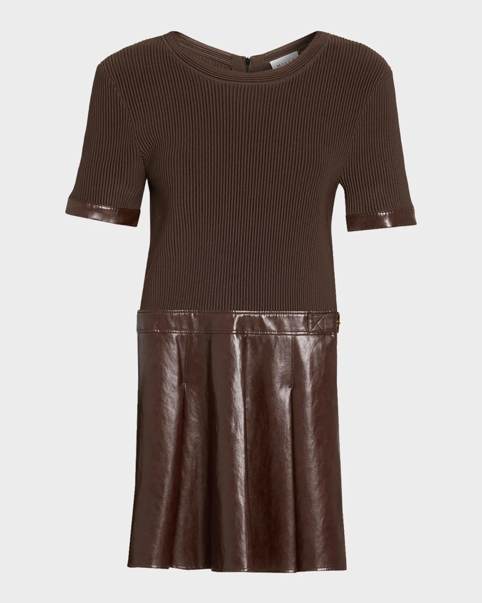 brown mixed media dress Milly Devyn Rib-Knit Mixed-Media A-Line Mini Harvey Park Dresser Soft quinceañeras Women's Wide US Size:10.5W The flutter sleeves add