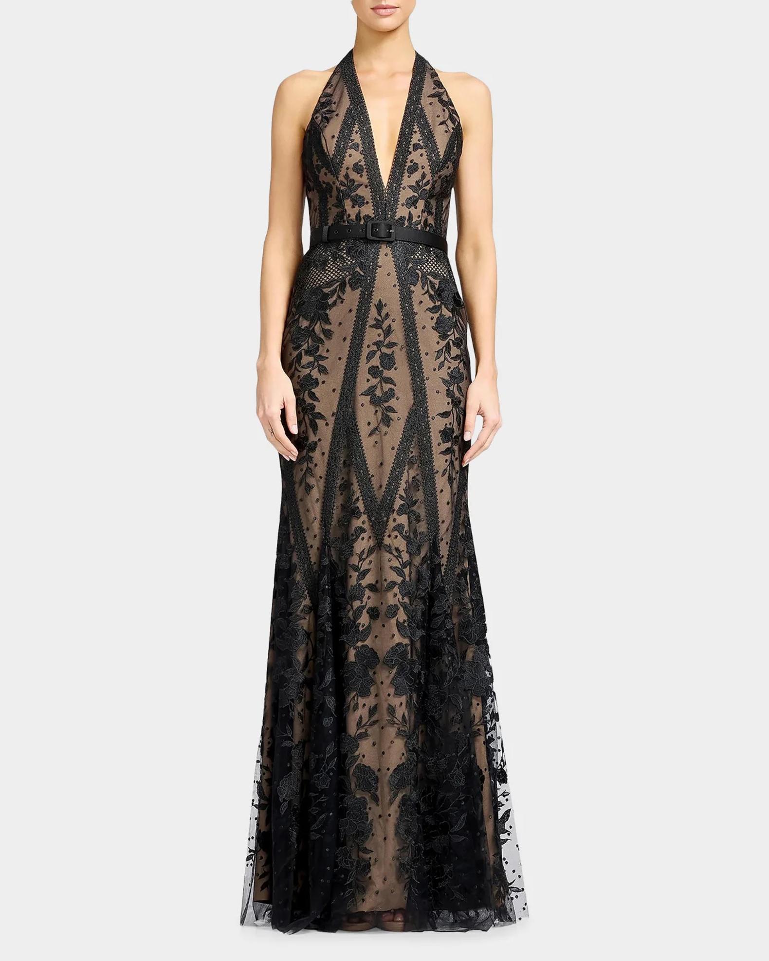 lace the label halter dress Population Black Devin Floral Mermaid Maxi Dress tulle lace dress
