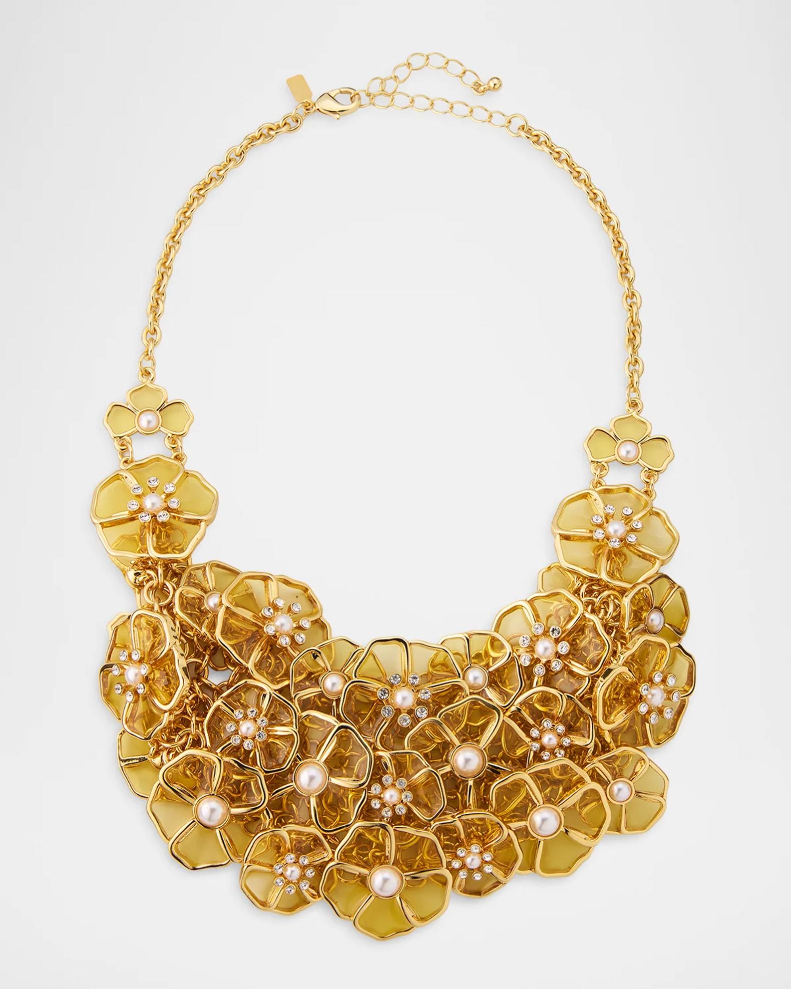 Kenneth Jay Lane 18K Gold-Plated and Glass Pearl and Crystal Flower Bib ...