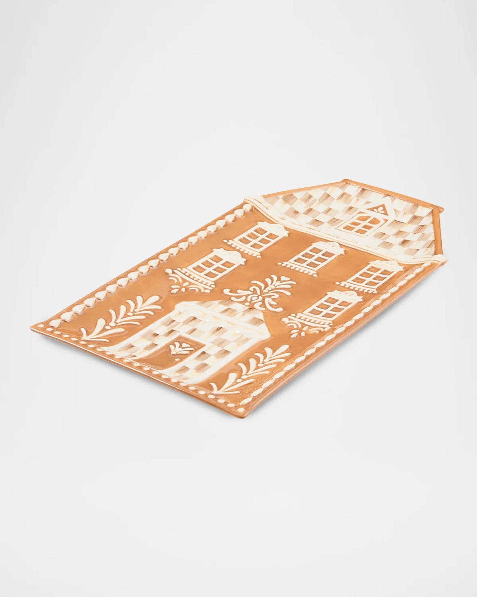 MacKenzie-Childs Mocha Check Ceramic Gingerbread House Tray