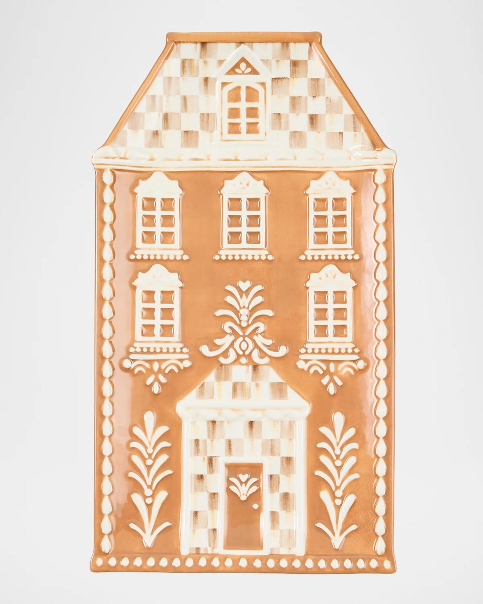 MacKenzie-Childs Mocha Check Ceramic Gingerbread House Tray