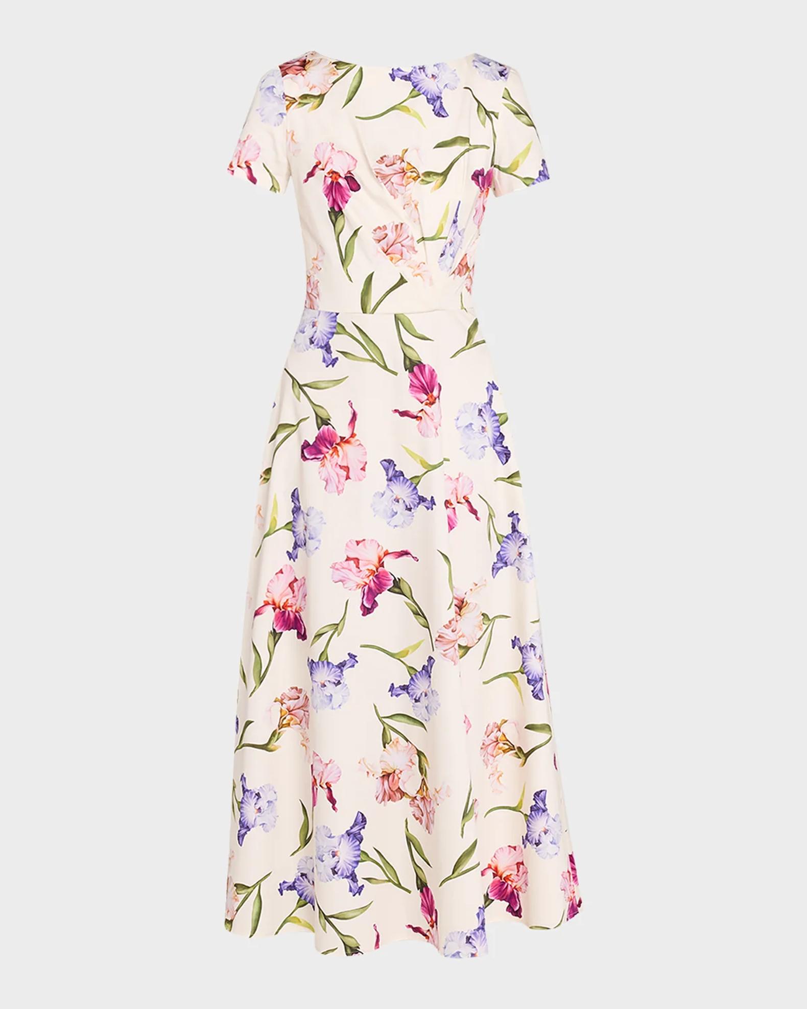 Oscar de la Renta Painted Iris Cotton Poplin Short-Sleeve Midi Day Dress