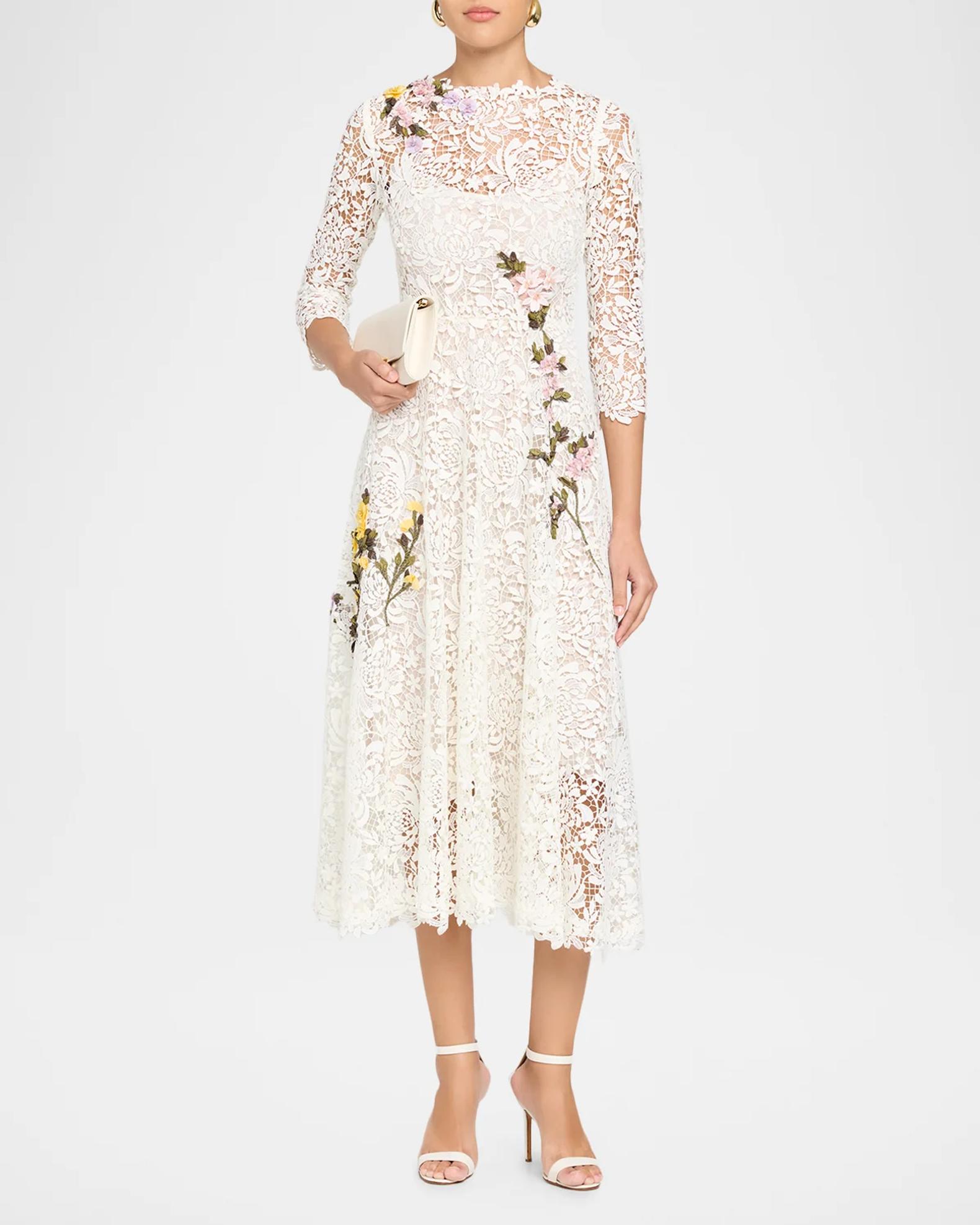 Oscar de la Renta Chrysanthemum 3D Guipure Midi Dress | Neiman Marcus