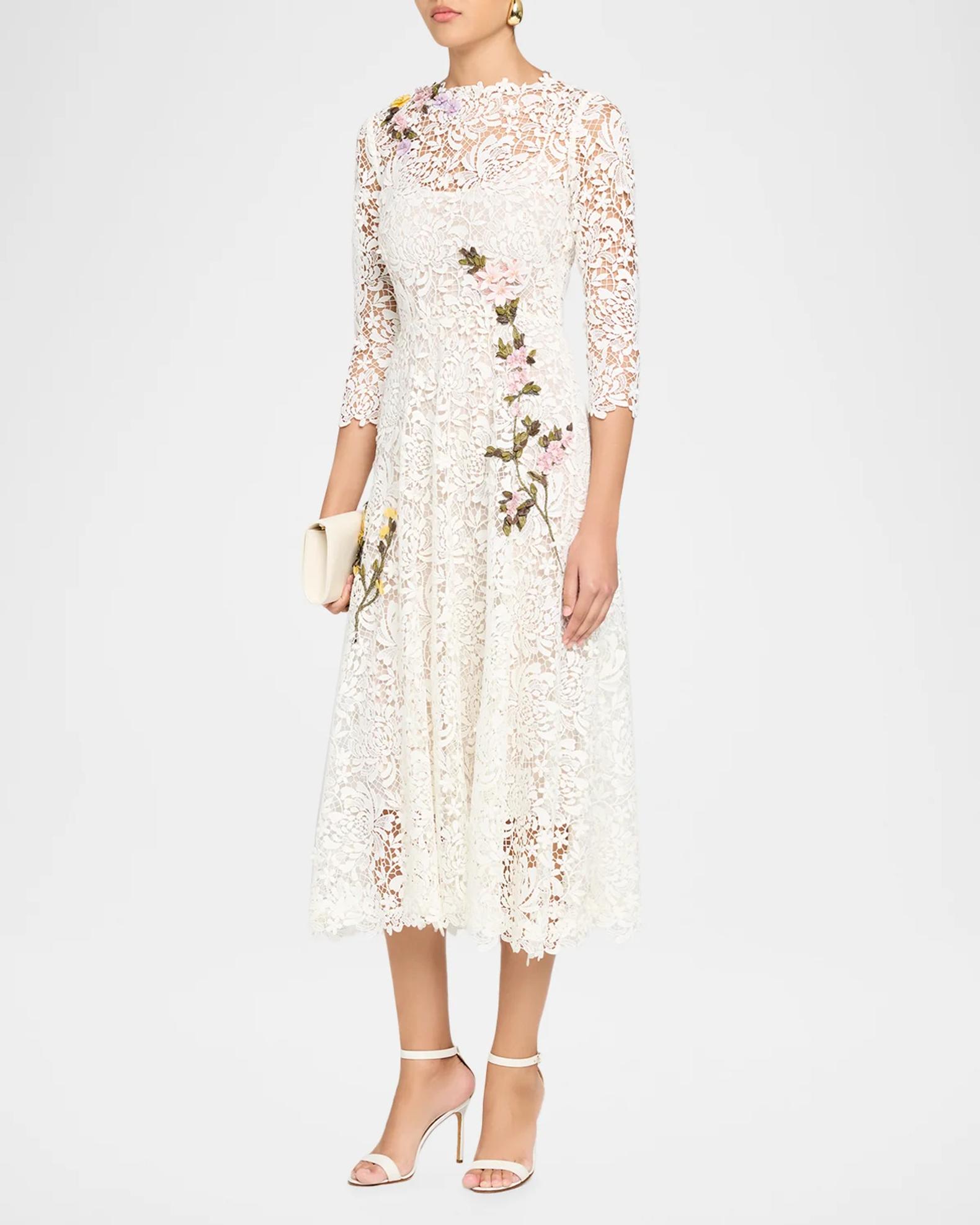 Oscar de la Renta Chrysanthemum 3D Guipure Midi Dress | Neiman Marcus