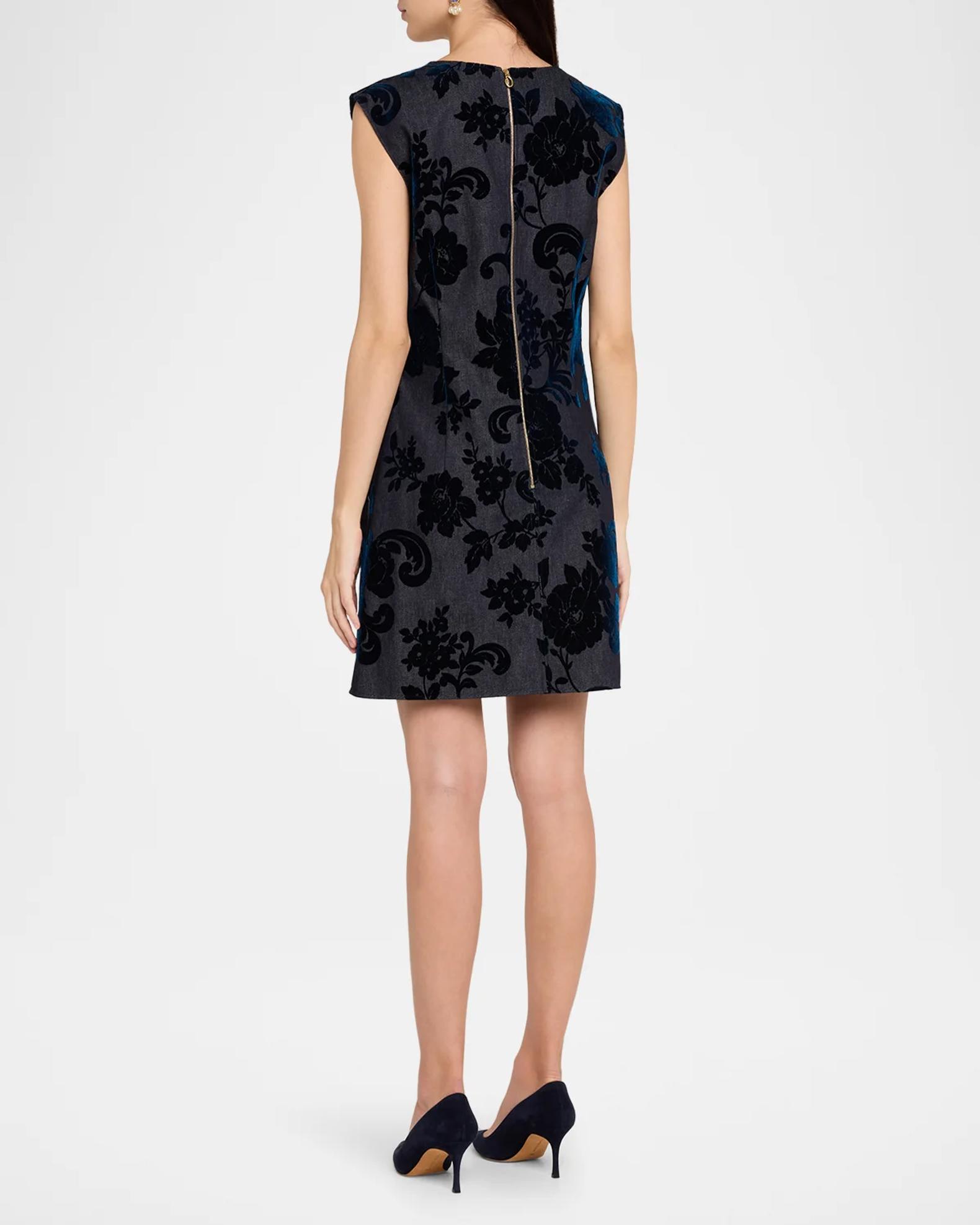 Oscar de la Renta Sleeveless V-Neck Flocked Floral Denim Mini Dress ...