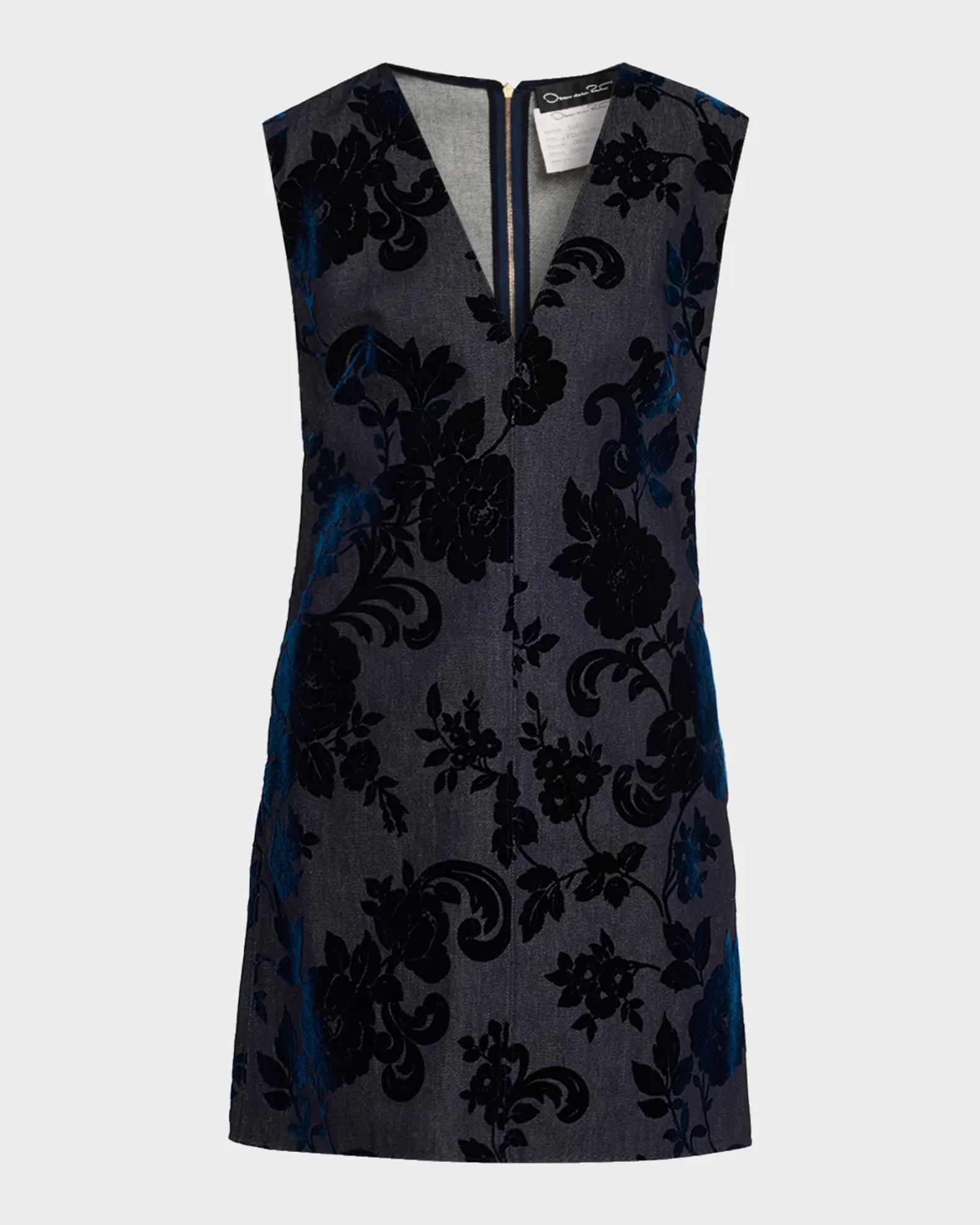 Oscar de la Renta Sleeveless V-Neck Flocked Floral Denim Mini Dress ...