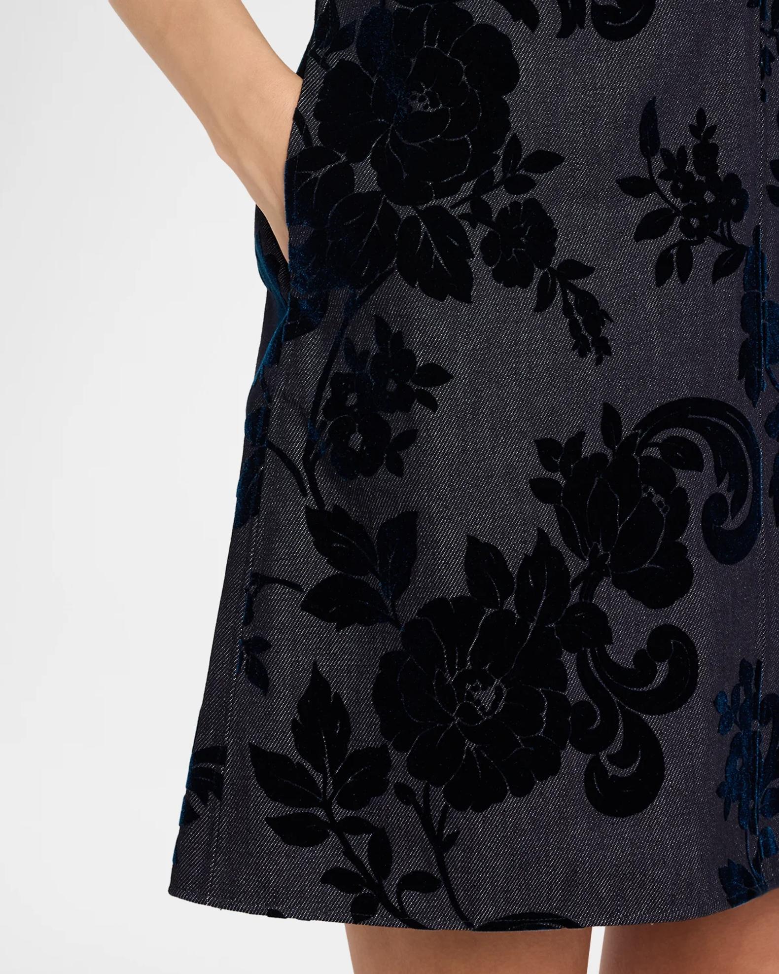 Oscar de la Renta Sleeveless V-Neck Flocked Floral Denim Mini Dress ...