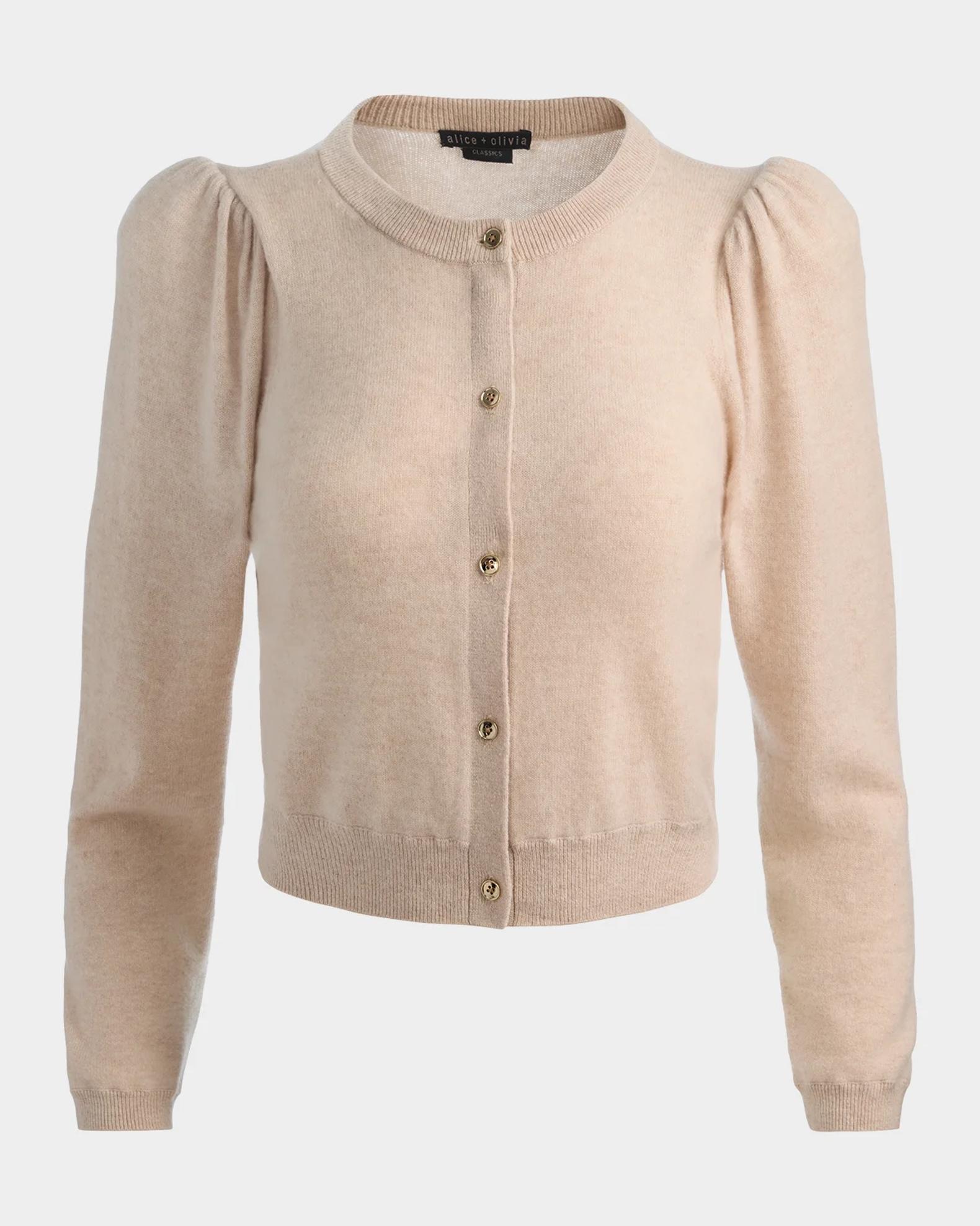 alice+olivia 刺繍入りベージュカーディガン ALICE + OLIVIA Dollie Puff-Sleeve Cardigan | Neiman Marcus