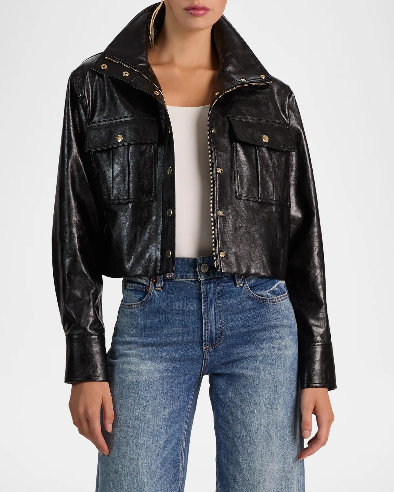 ALICE + OLIVIA James Faux-Leather Cropped Parka | Neiman Marcus