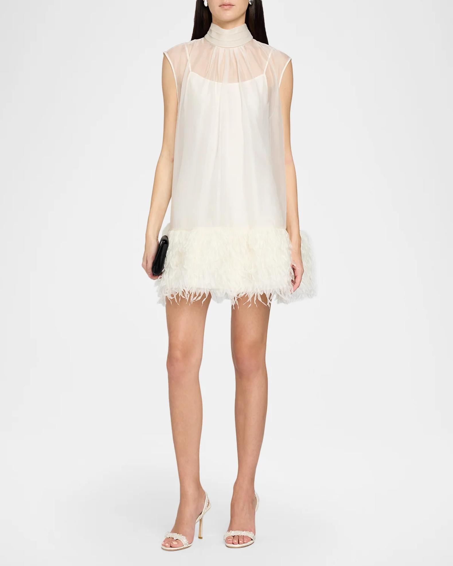 SIMKHAI Shirya Feather-Trimmed Organza Mini Dress | Neiman Marcus