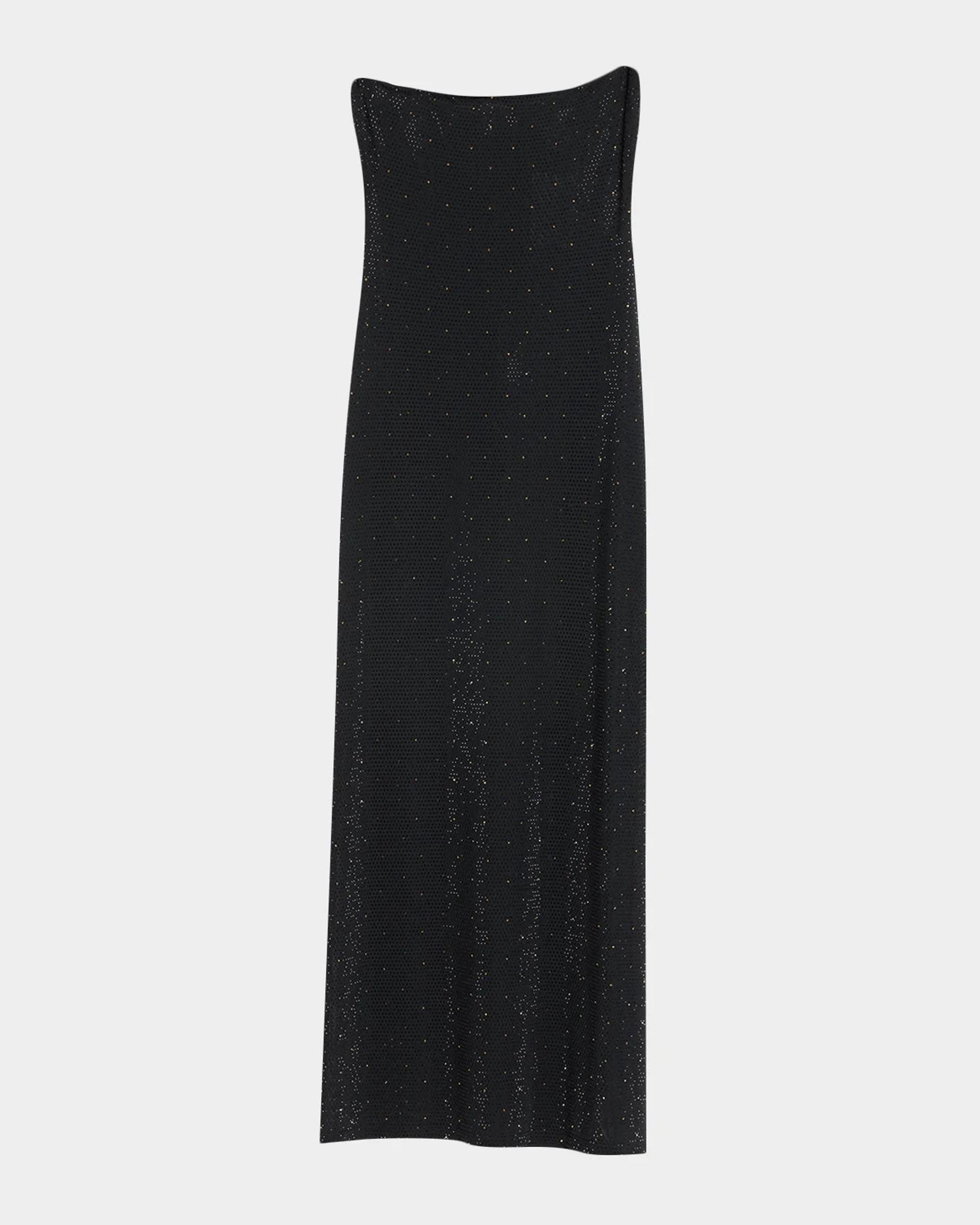 alice and olivia black dress with pearls + Delora Embellished Strapless Midi Minimalism