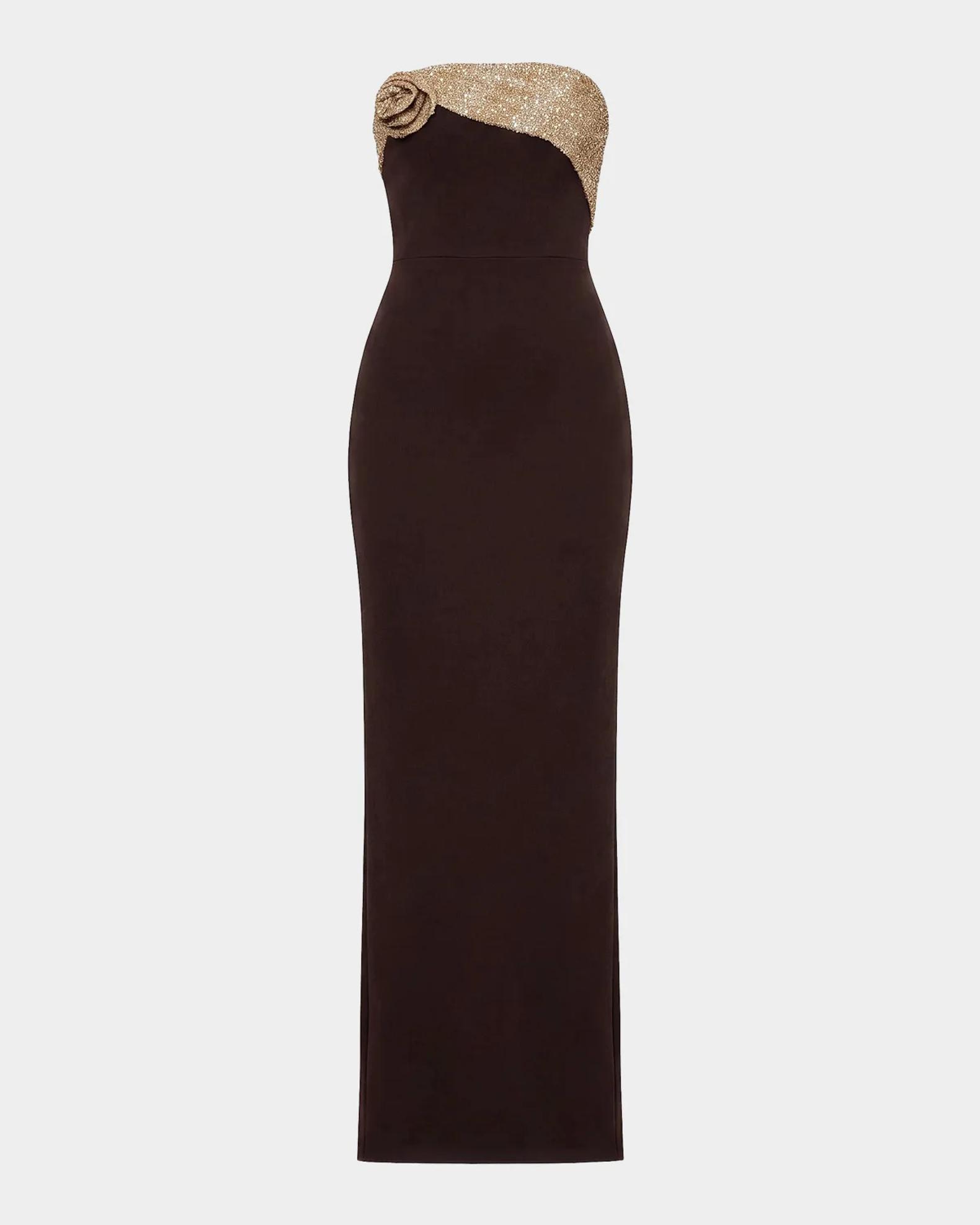 dress black label the Population Lorraine Rosette Strapless Gown somewhat close to the