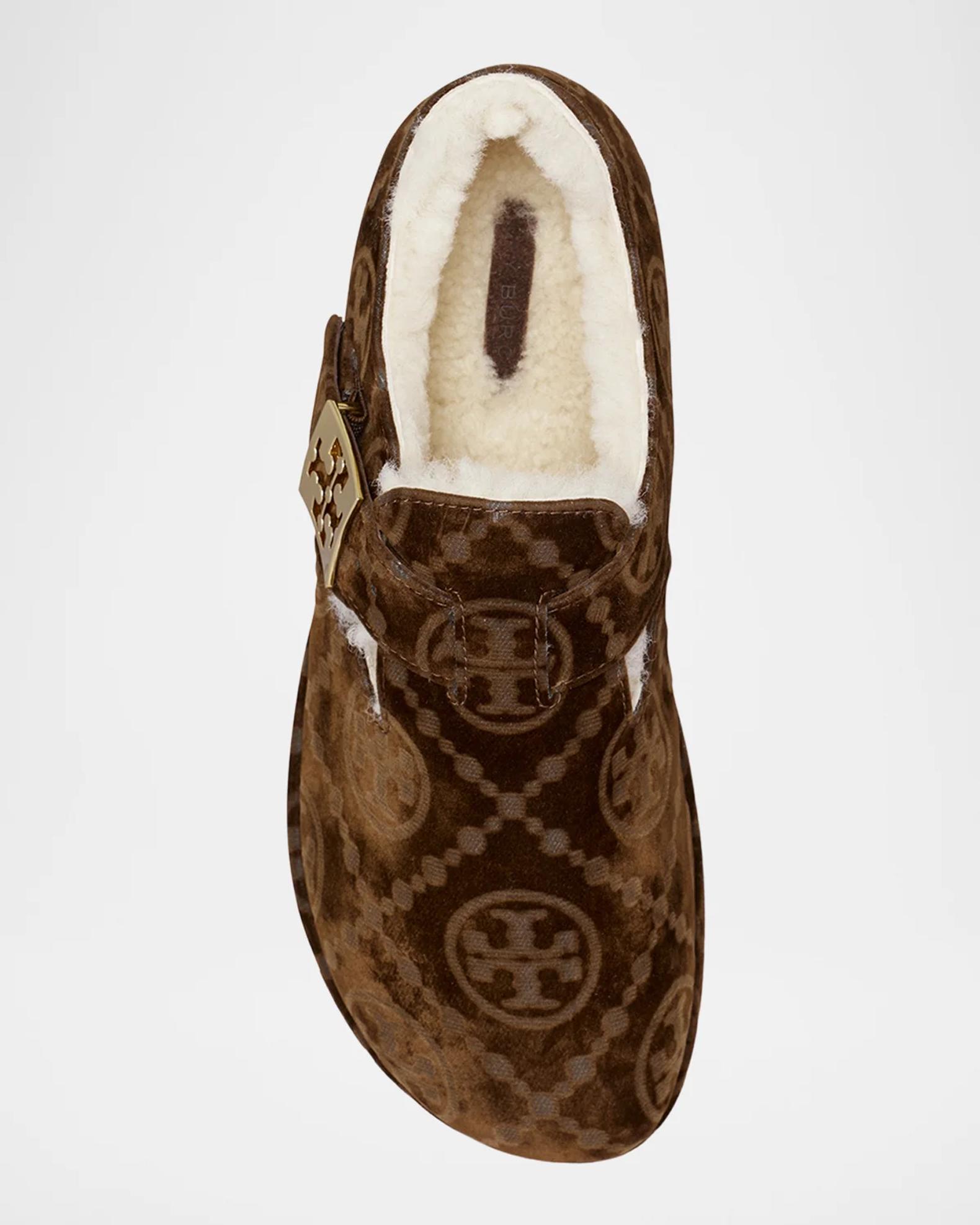 茶 KOU Tory Burch Mellow Shearling-Lined Monogram Velvet Clogs | Neiman