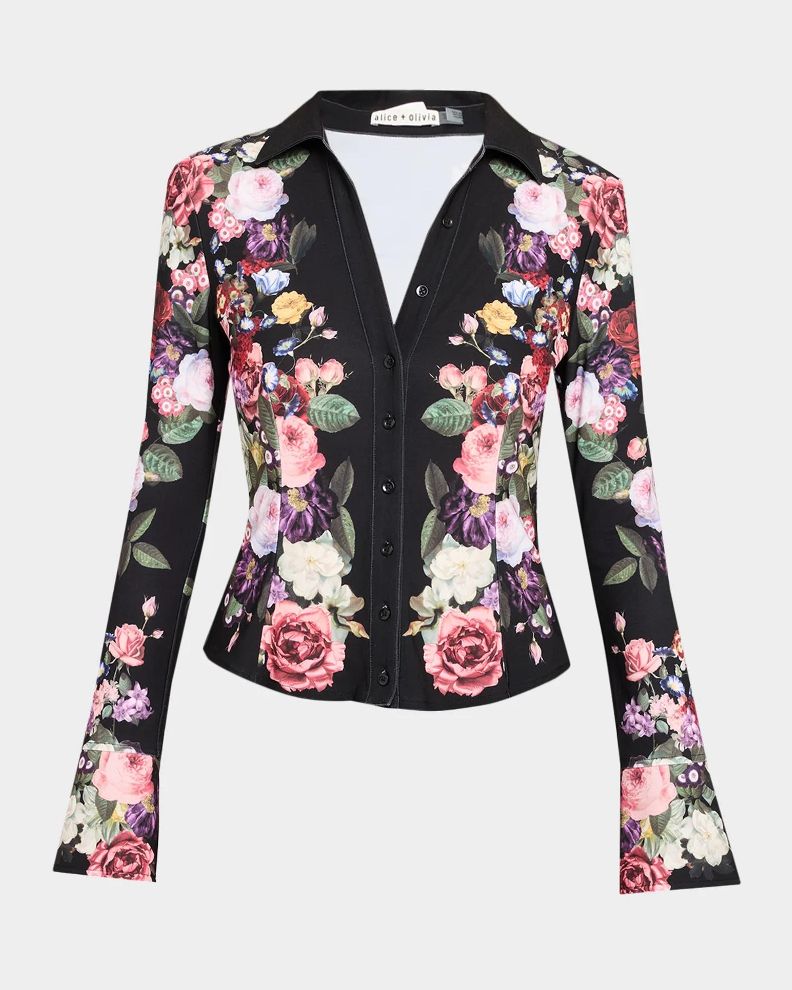 ALICE + OLIVIA Freya Floral-Print Long-Sleeve Button-Down Shirt ...