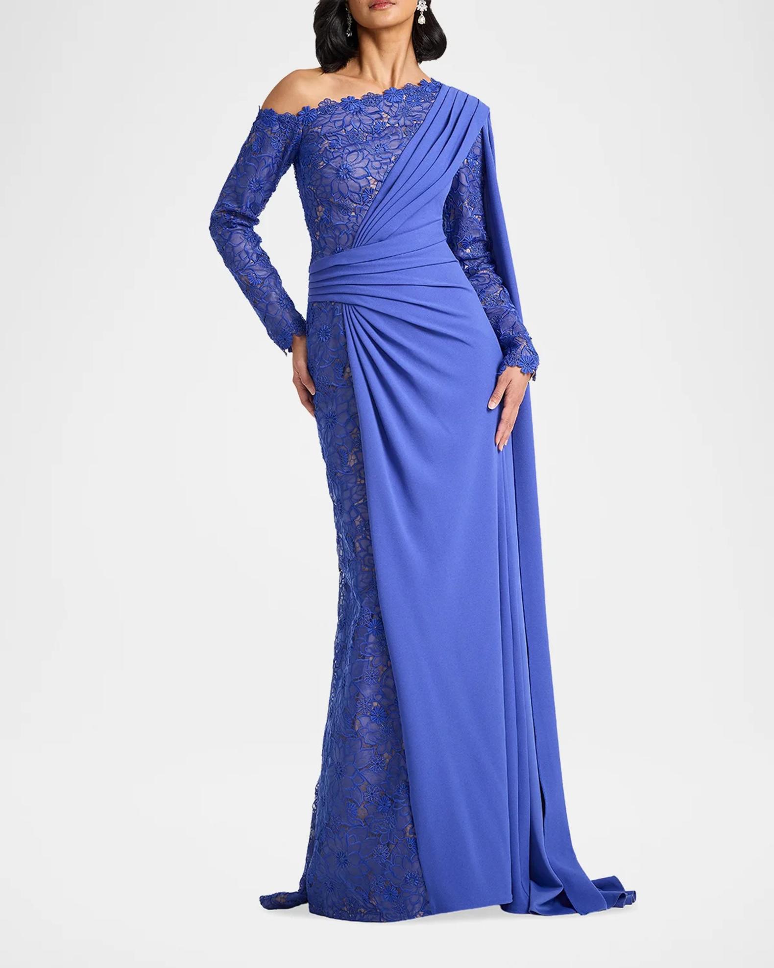 TADASHI SHOJI ロイヤルブルー ワンピース Tadashi Shoji Ravelle Lace-Paneled Column Gown | Neiman Marcus