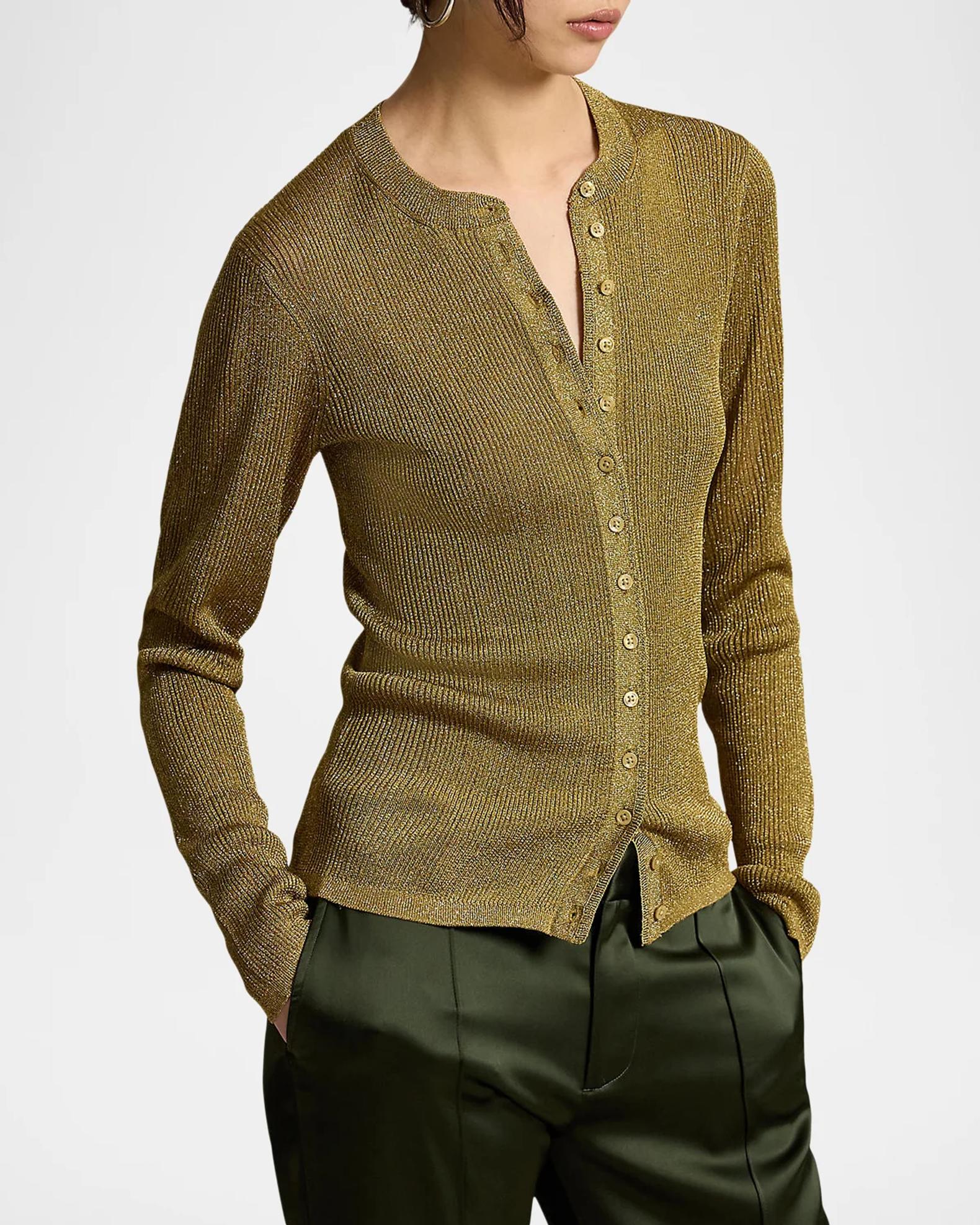 Ralph Lauren Metallic Rib Crewneck Cardigan | Neiman Marcus