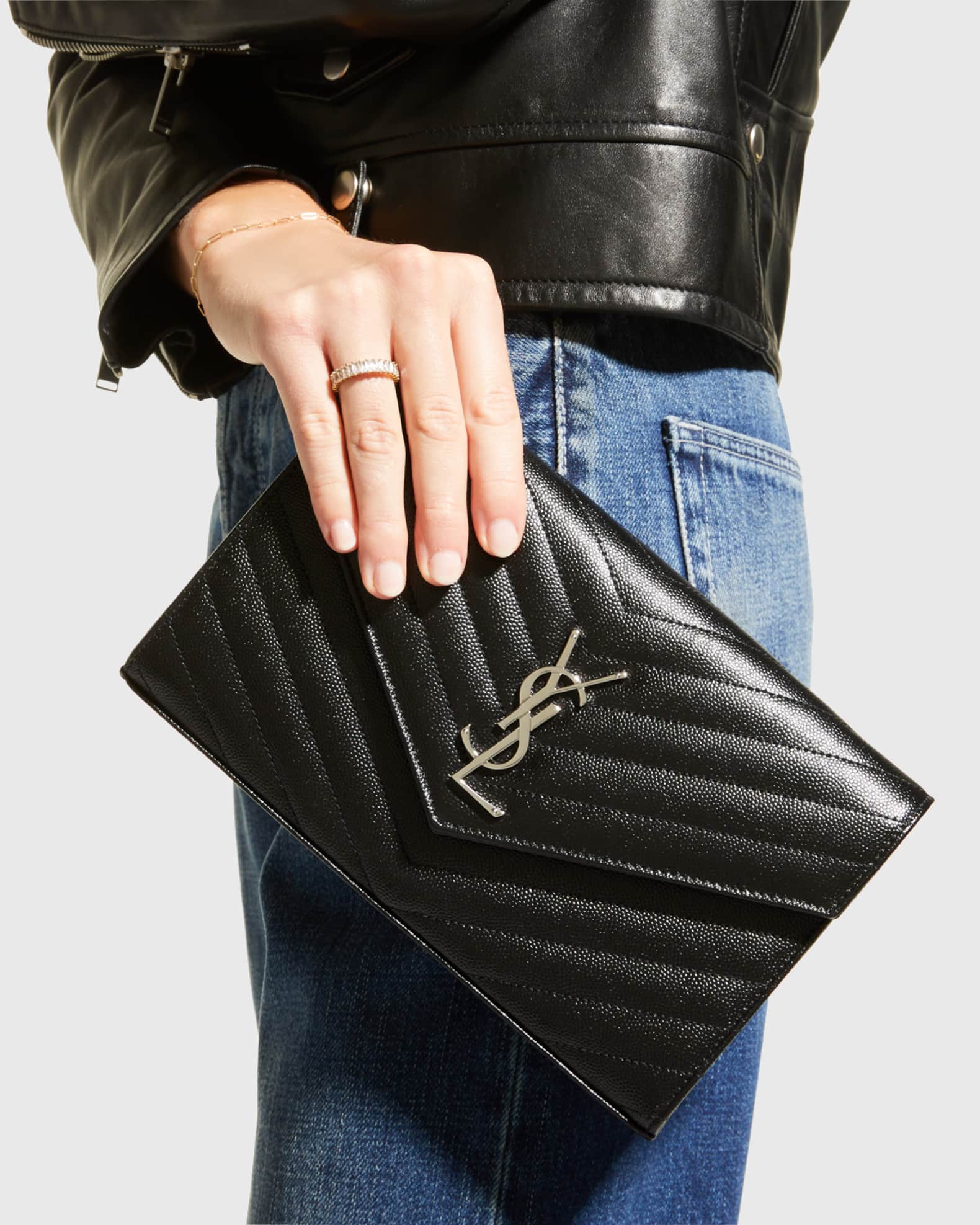 YSL Monogram Large Wallet on Chain in Grained Leather