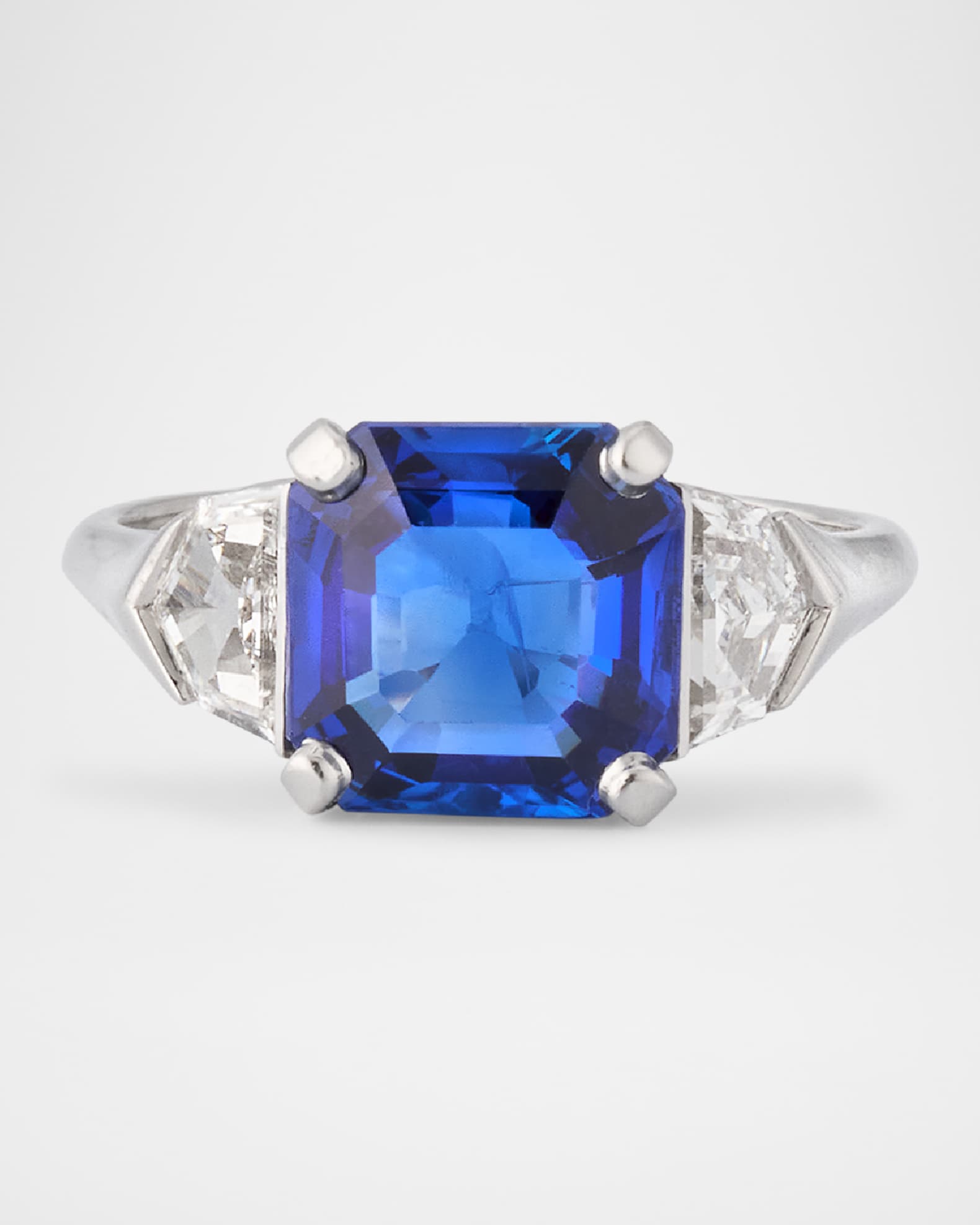 Estate Platinum Square Burma Sapphire and Diamond Deco Ring, Size 5.5 0