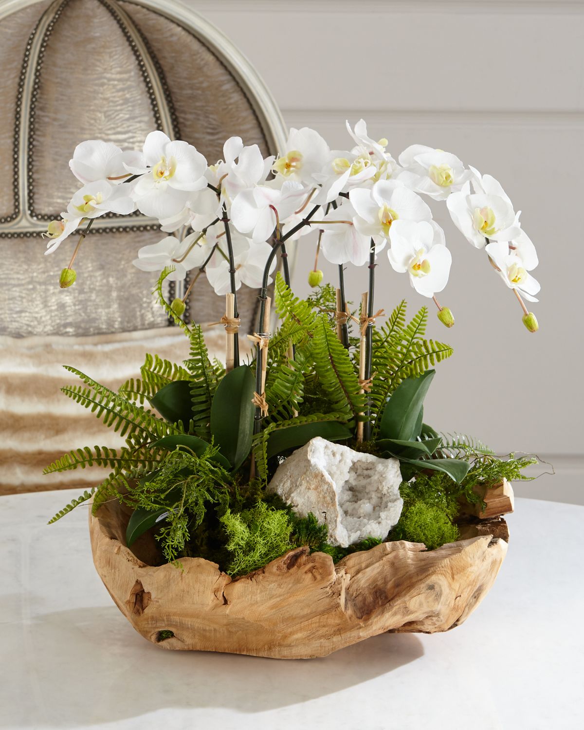 T & C Floral Company White Orchid Faux-Floral Arrangement in Wooden Bowl | Thumbnail 3