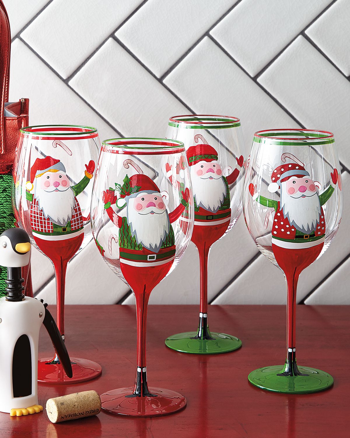 Neiman Marcus Hand-Painted Santa Wine Glasses, Set of 4