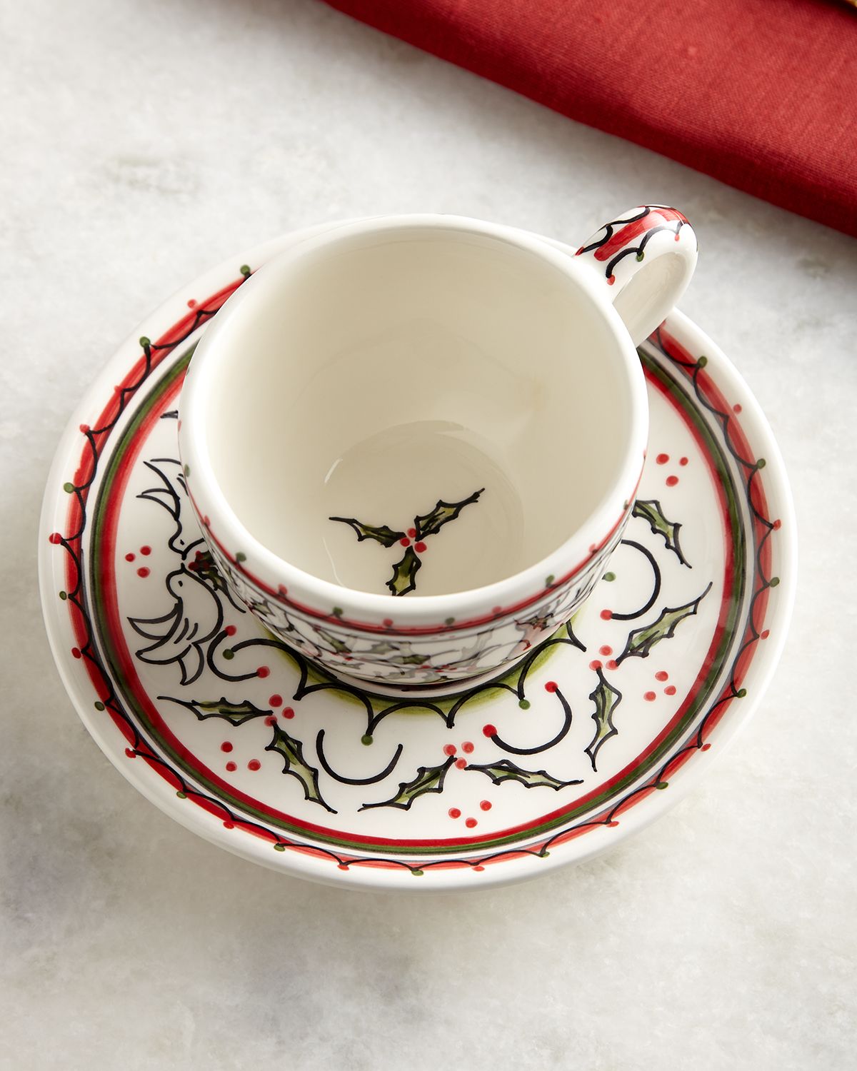 Neiman Marcus Christmas Pavoes Cups & Saucers, Set of 4