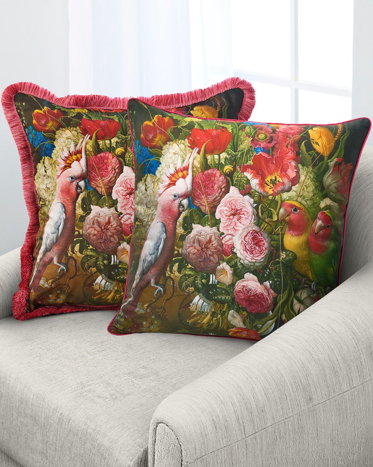 Yana Movchan Floral With Love Birds Silk Pillow