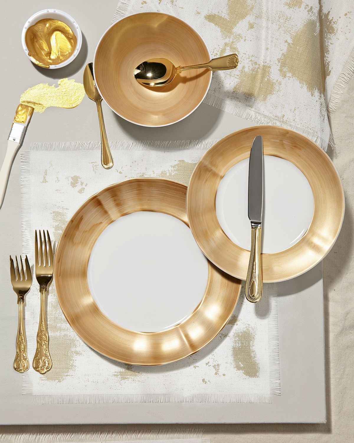 Neiman Marcus 12-Piece Gold Brushstroke Dinnerware Set