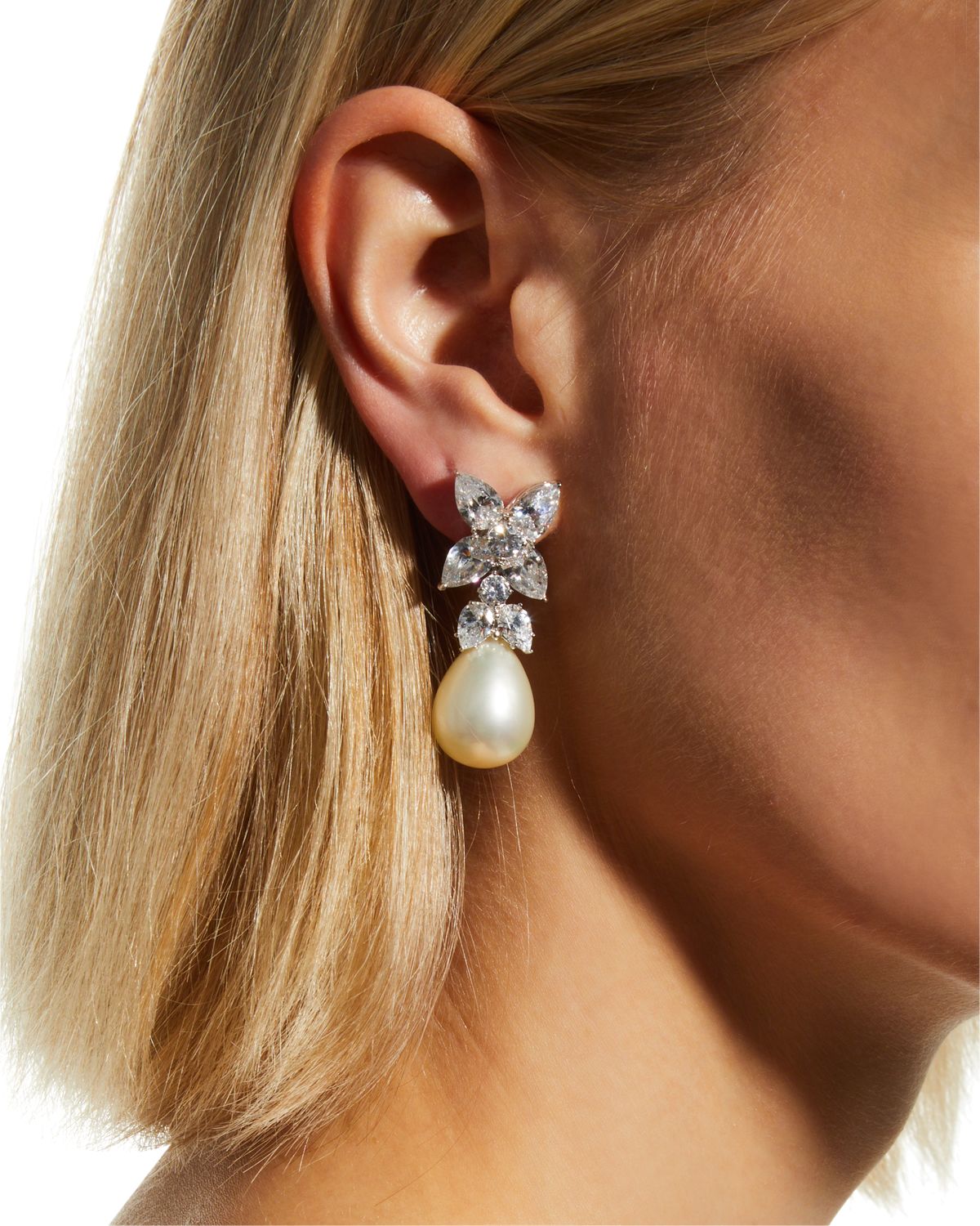 Fantasia by DeSerio 10.0 TCW Flower Top CZ & Simulated Pearly Drop Earrings