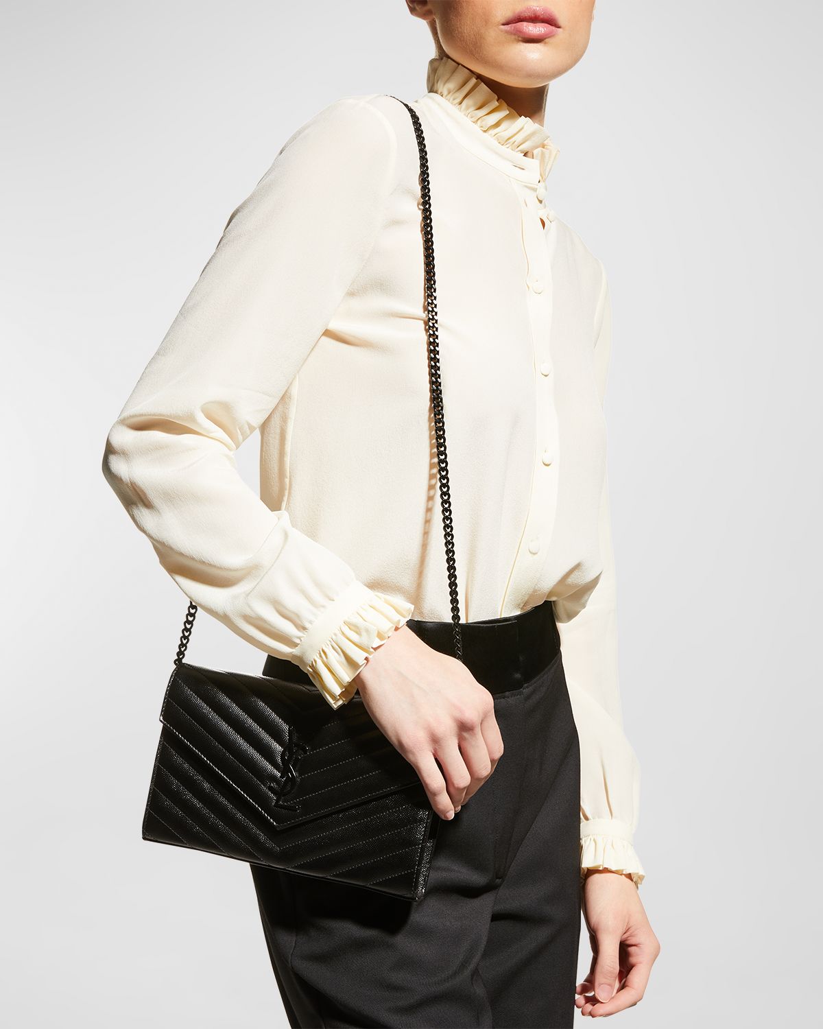 Saint Laurent Cassandre YSL Monogram Large Wallet on Chain in Grained Leather