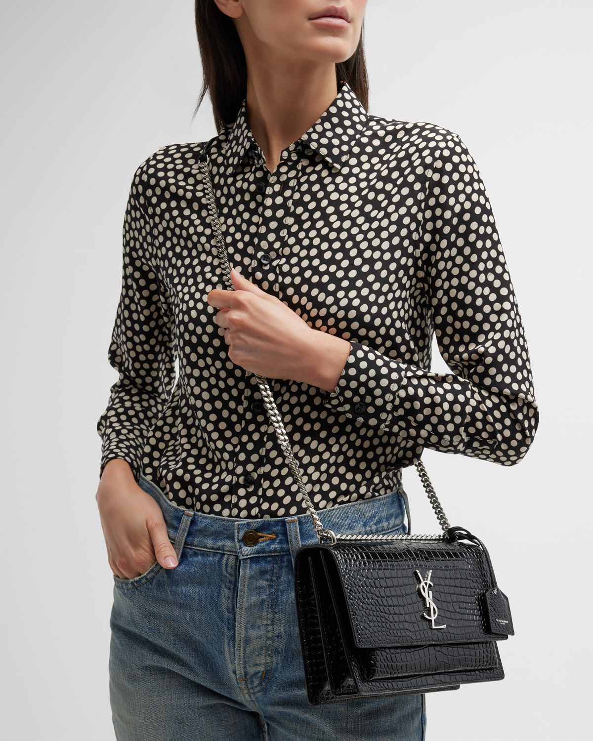 Saint Laurent Sunset Medium YSL Crossbody Bag in Croc-Embossed Leather - Women's Bags