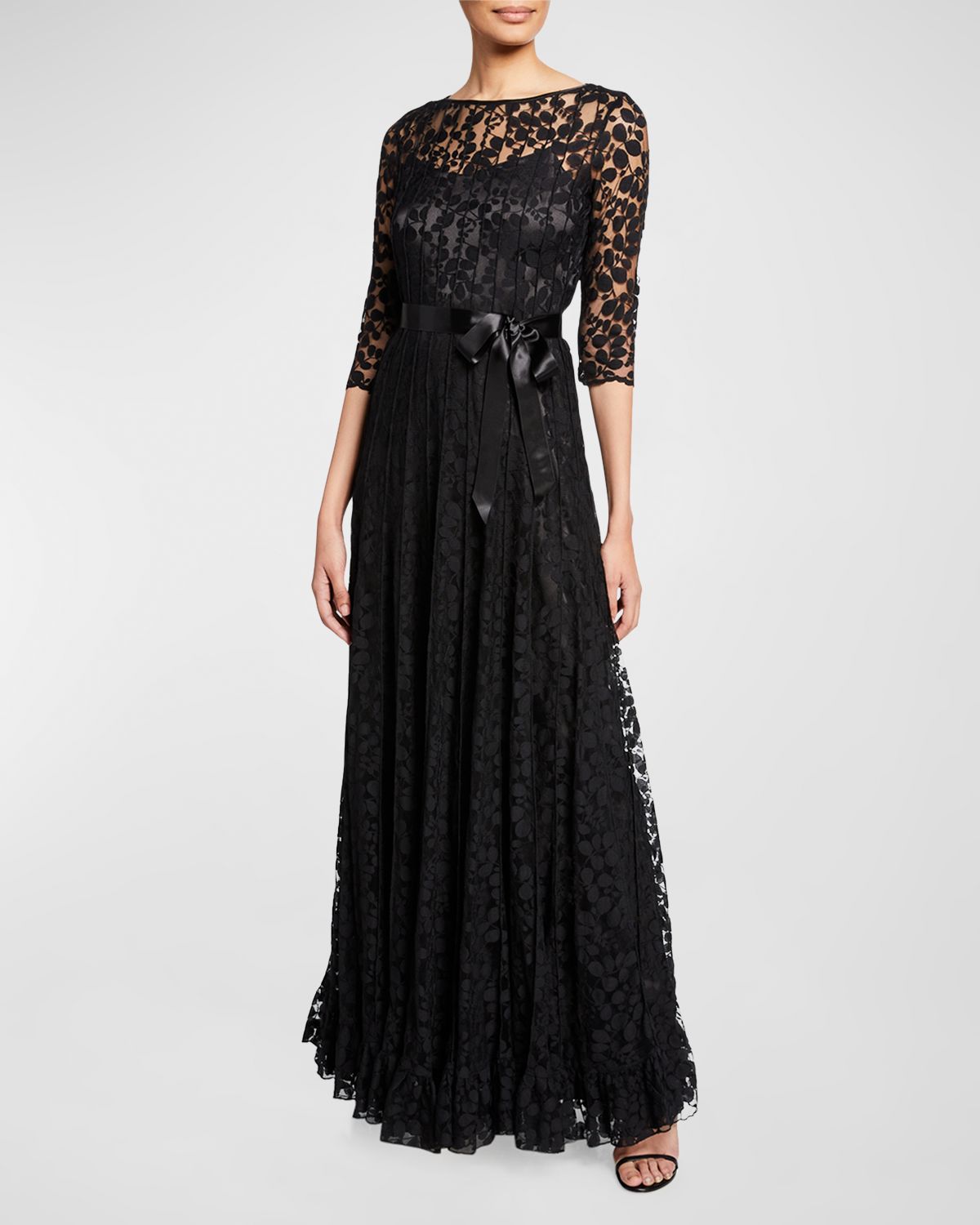 Rickie Freeman for Teri Jon 3/4-Sleeve Lace Overlay Gown
