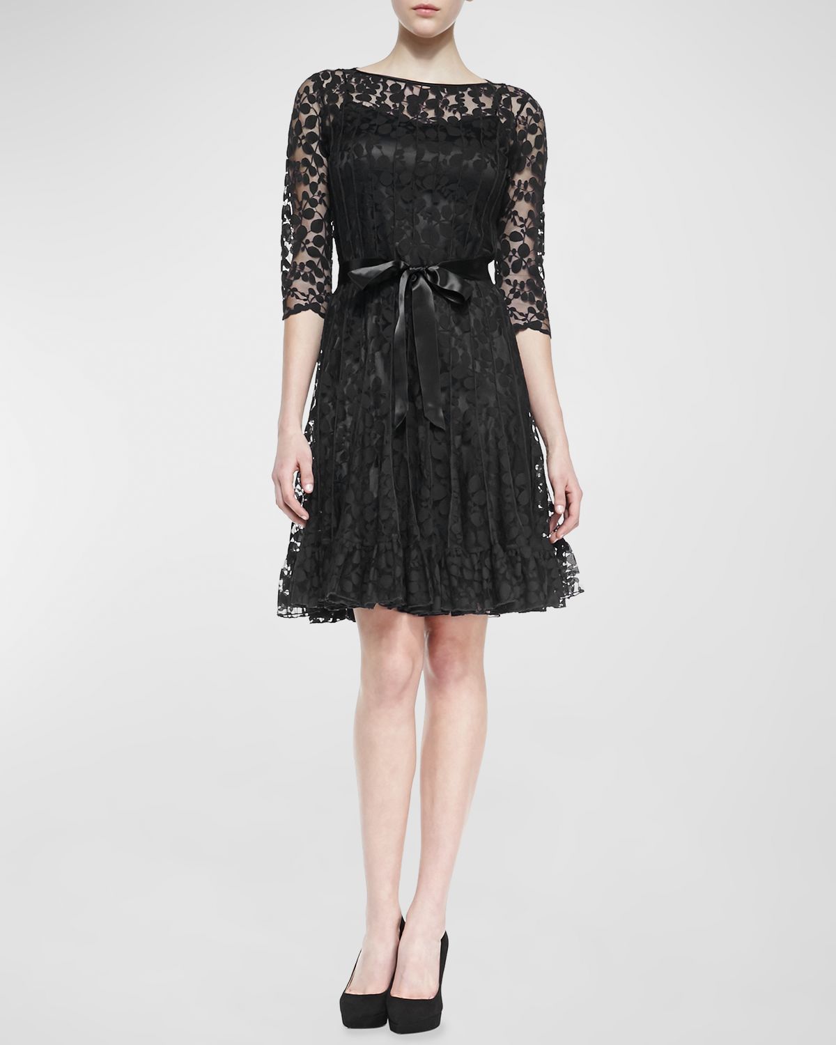 Rickie Freeman for Teri Jon 3/4-Sleeve Lace Overlay Cocktail Dress