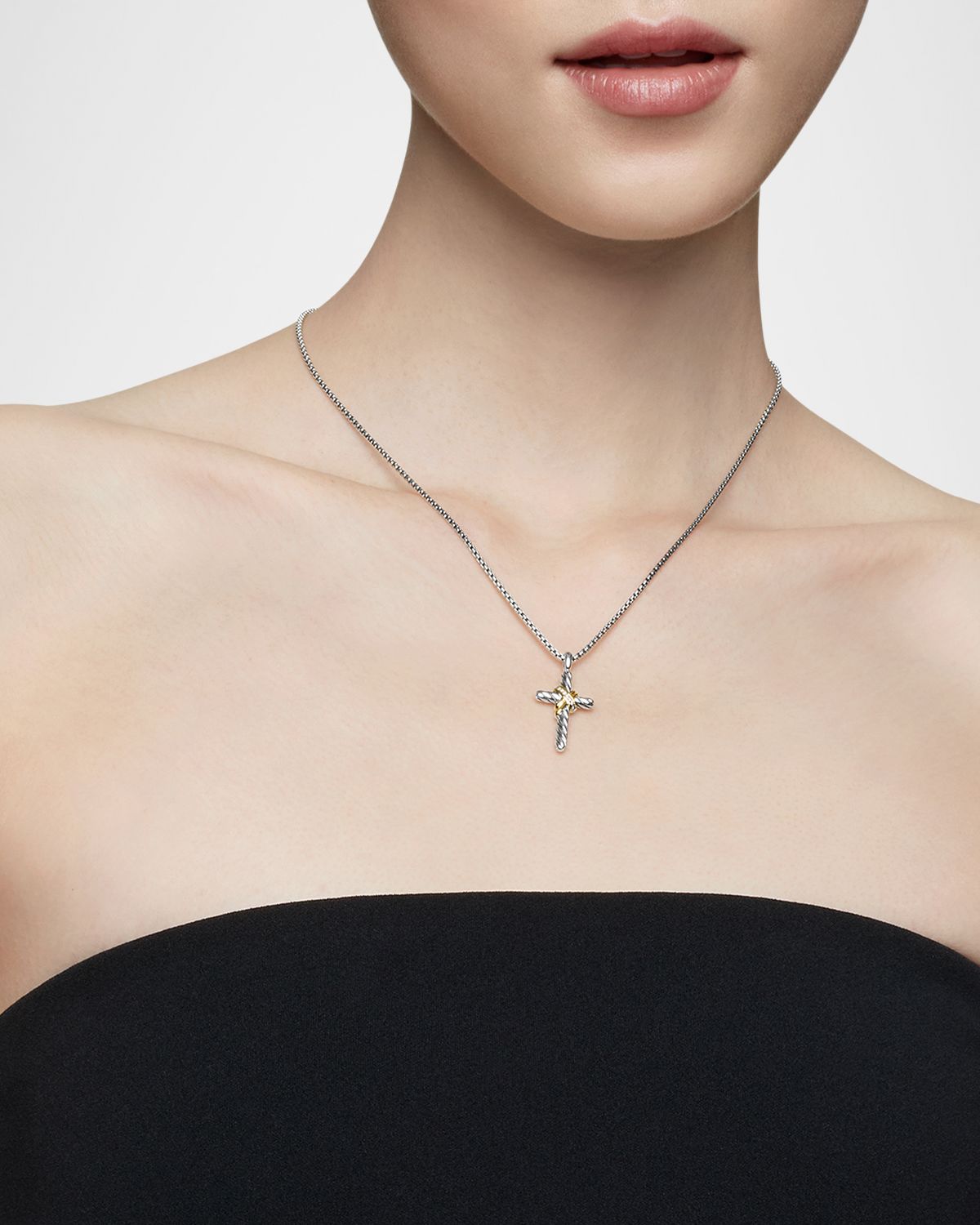 David Yurman X Cross Necklace in Silver with Diamonds and 14K Gold