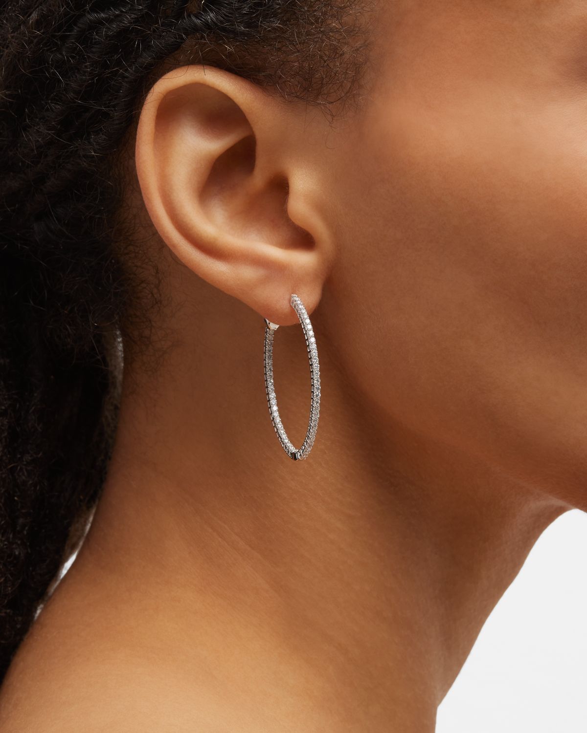 Neiman Marcus Diamonds 18k White Gold Diamond Hoop Earrings, 1.5tcw, 1.25"L