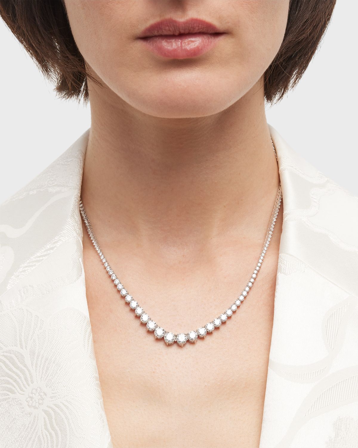 Neiman Marcus Diamonds 18K White Gold Graduated GH-VS1 Diamond Tennis Necklace, 17"L, 12.2tcw