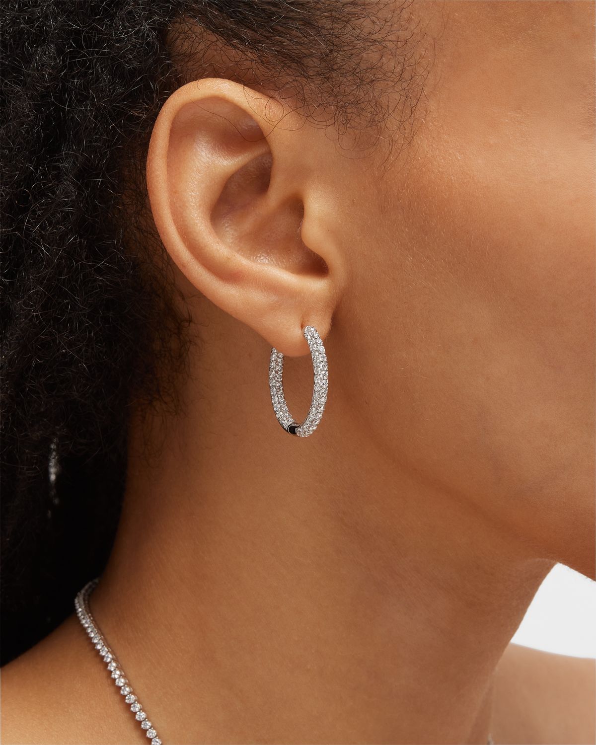 Neiman Marcus Diamonds Medium Pave Diamond Hoop Earrings in 18K White Gold, 4.03tcw, 0.90"L