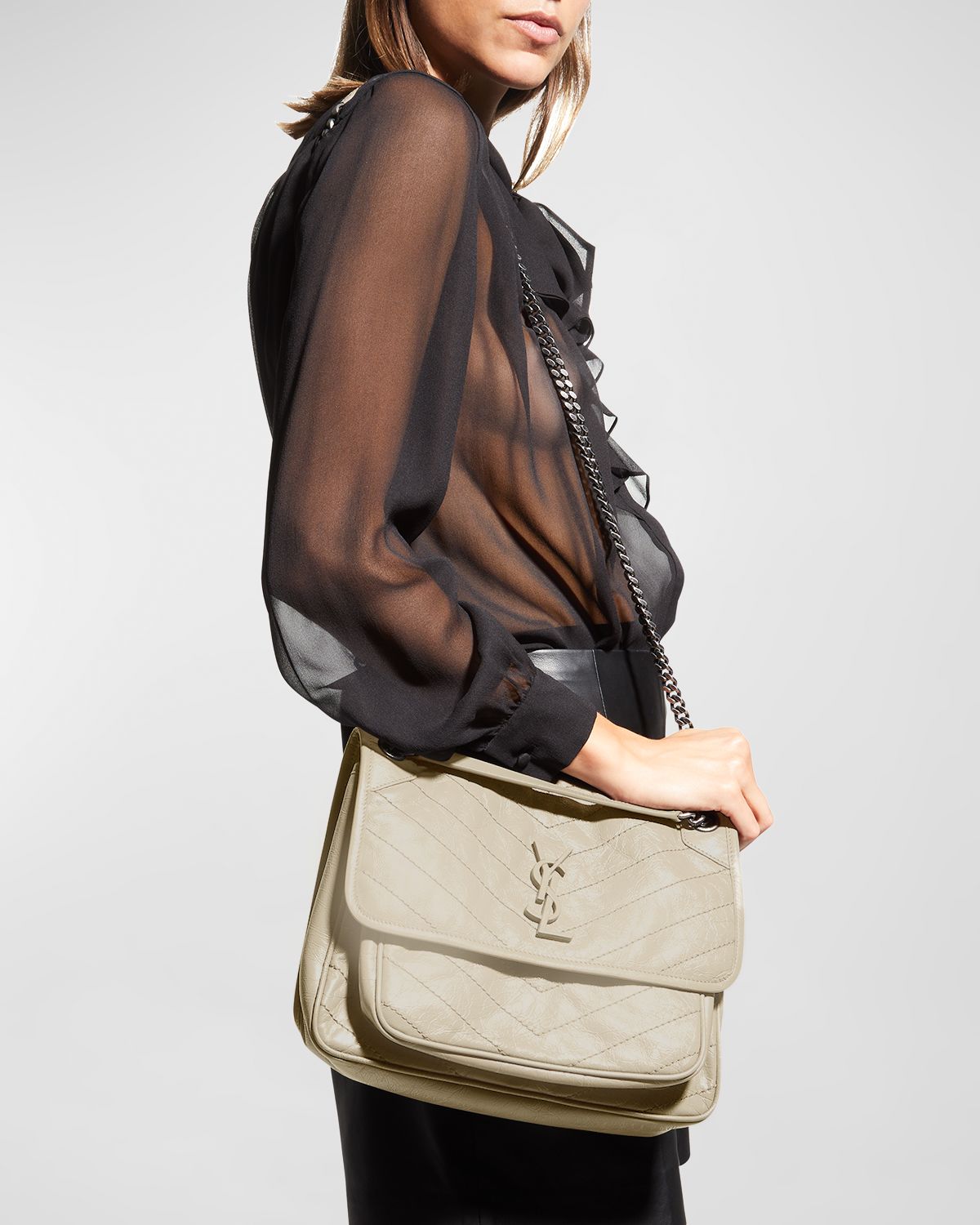 Saint Laurent Niki Medium Flap YSL Shoulder Bag in Crinkled Leather