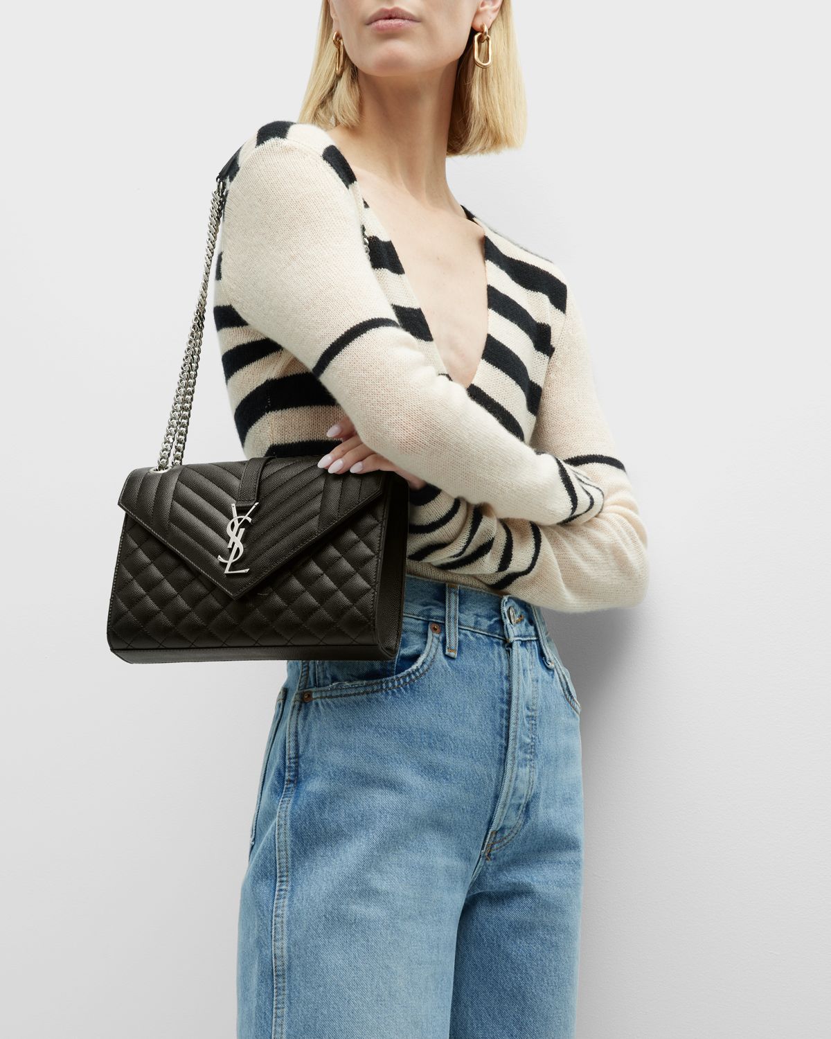 Saint Laurent Envelope Triquilt Medium YSL Shoulder Bag in Grained Leather