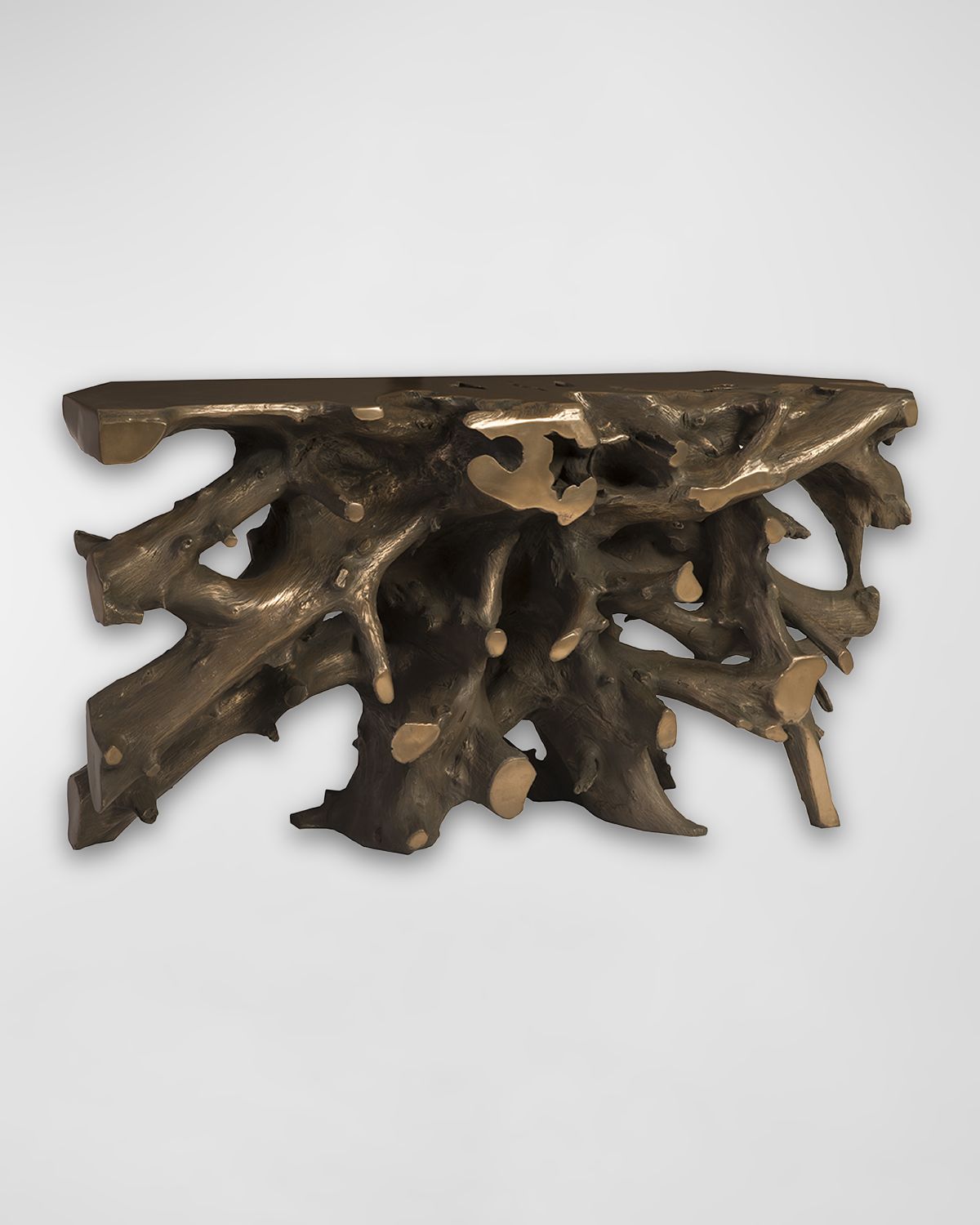 Phillips Collection Bronze Cast Root Teak Outdoor Console Table