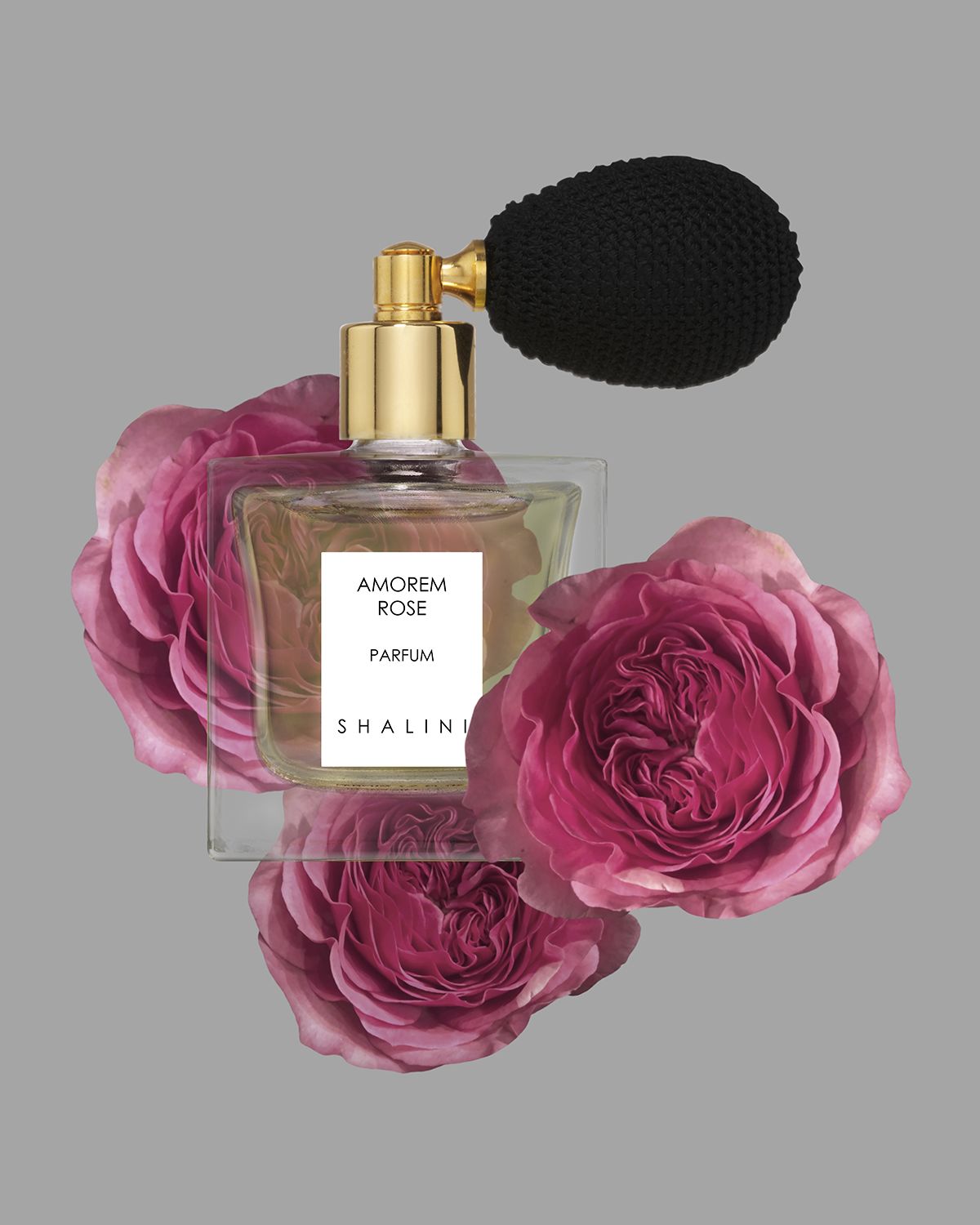 Shalini Parfum Amorem Rose Cubique Glass Bottle with Black Bulb Atomizer, 1.7 oz./ 50 mL