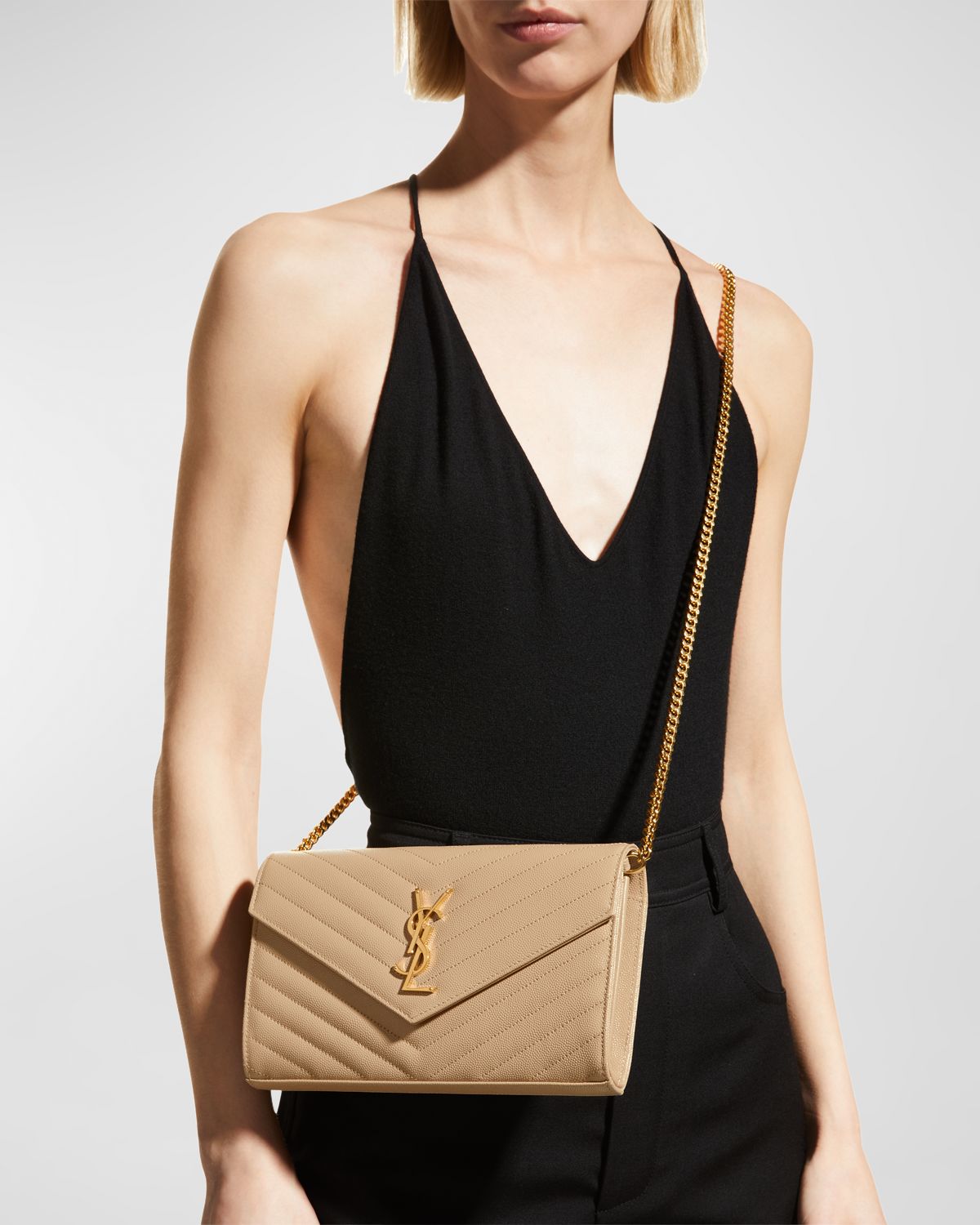 Saint Laurent YSL Monogram Large Wallet on Chain in Grained Leather