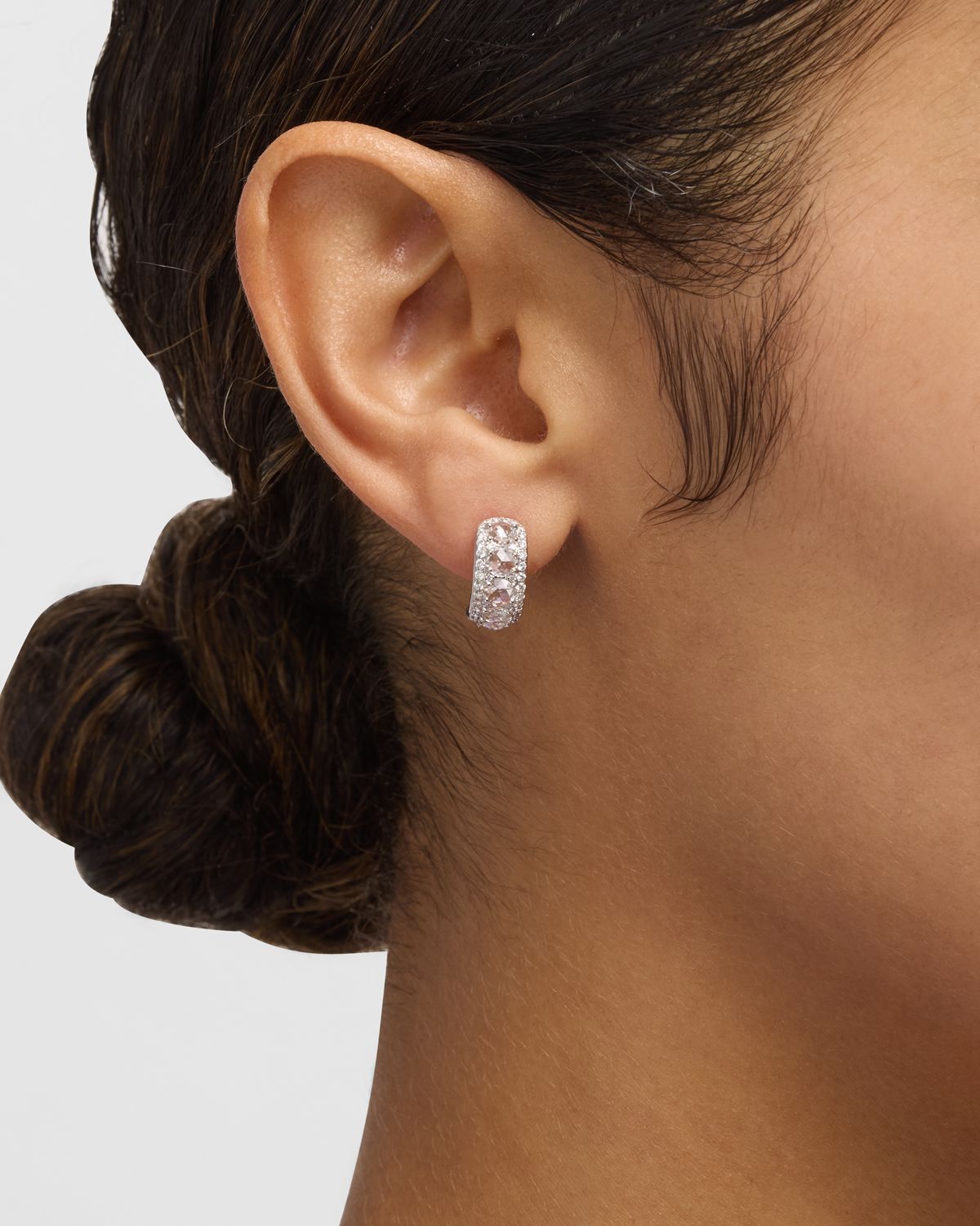 64 Facets Linear 18K White Gold Diamond Huggie Hoop Earrings, 1.50tcw