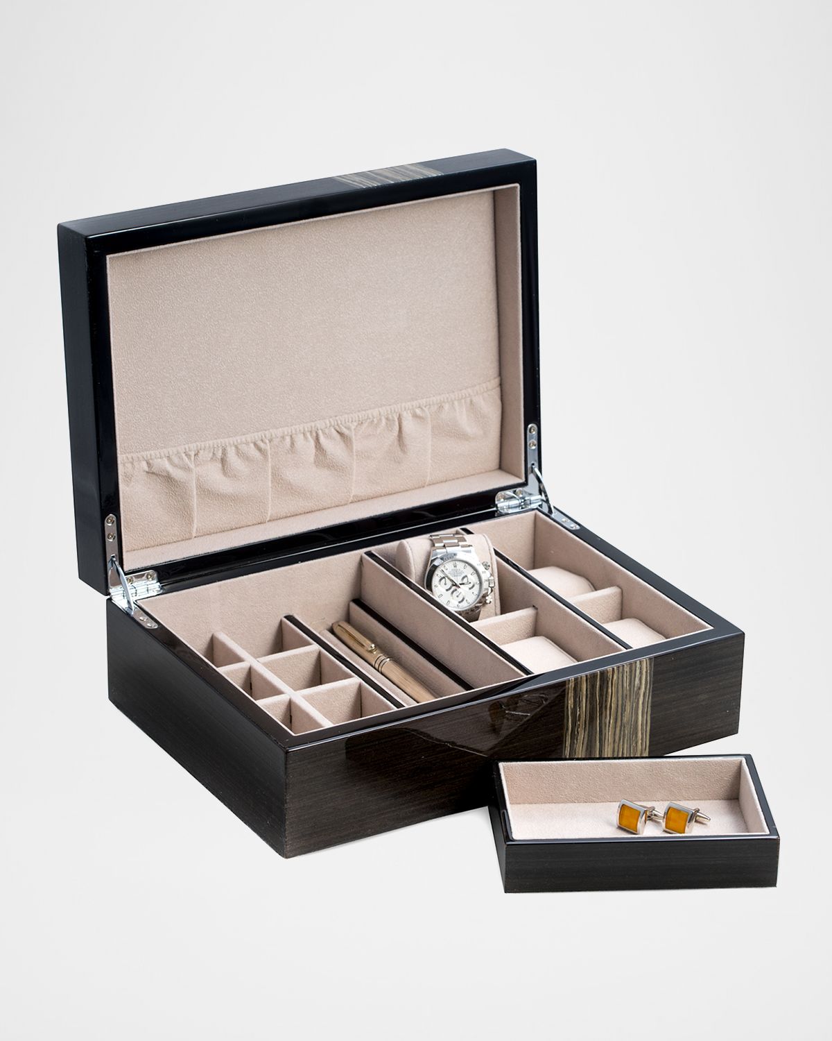 Bey-Berk Lacquered Ash Wood Valet Box