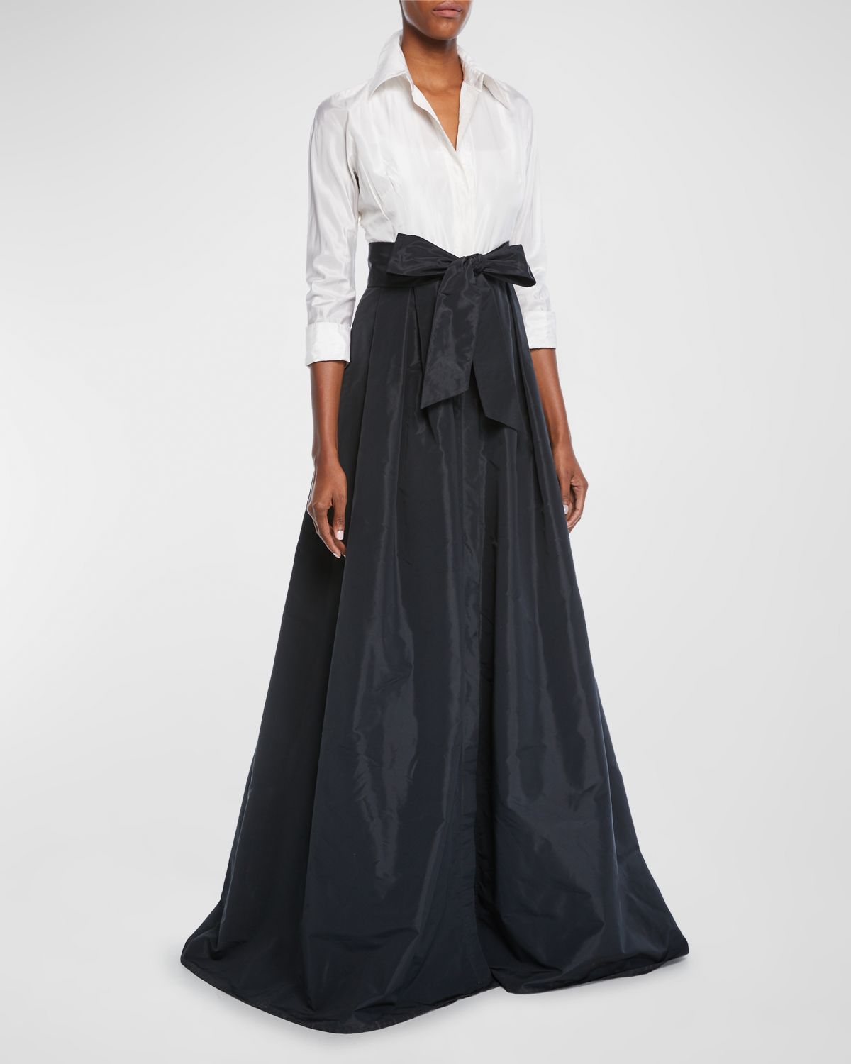 Rickie Freeman for Teri Jon Two-Tone 3/4-Sleeve Taffeta Shirtdress Gown