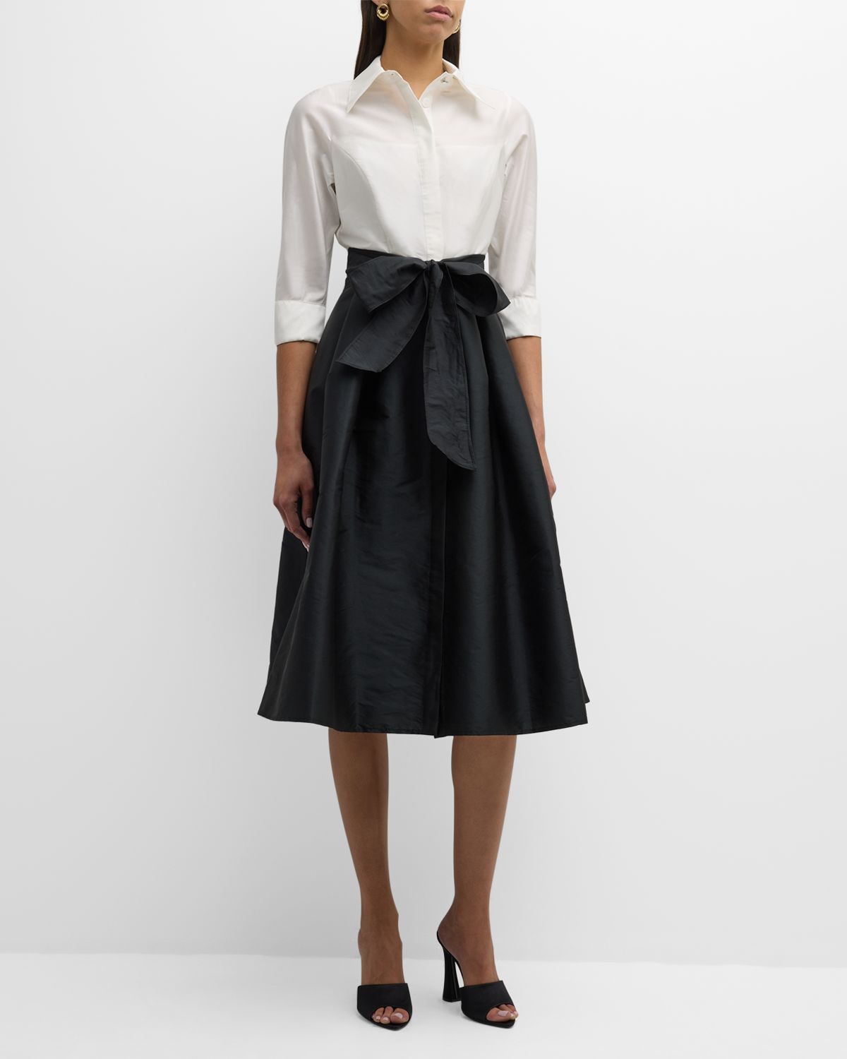 Rickie Freeman for Teri Jon Two-Tone 3/4-Sleeve Taffeta Shirtdress
